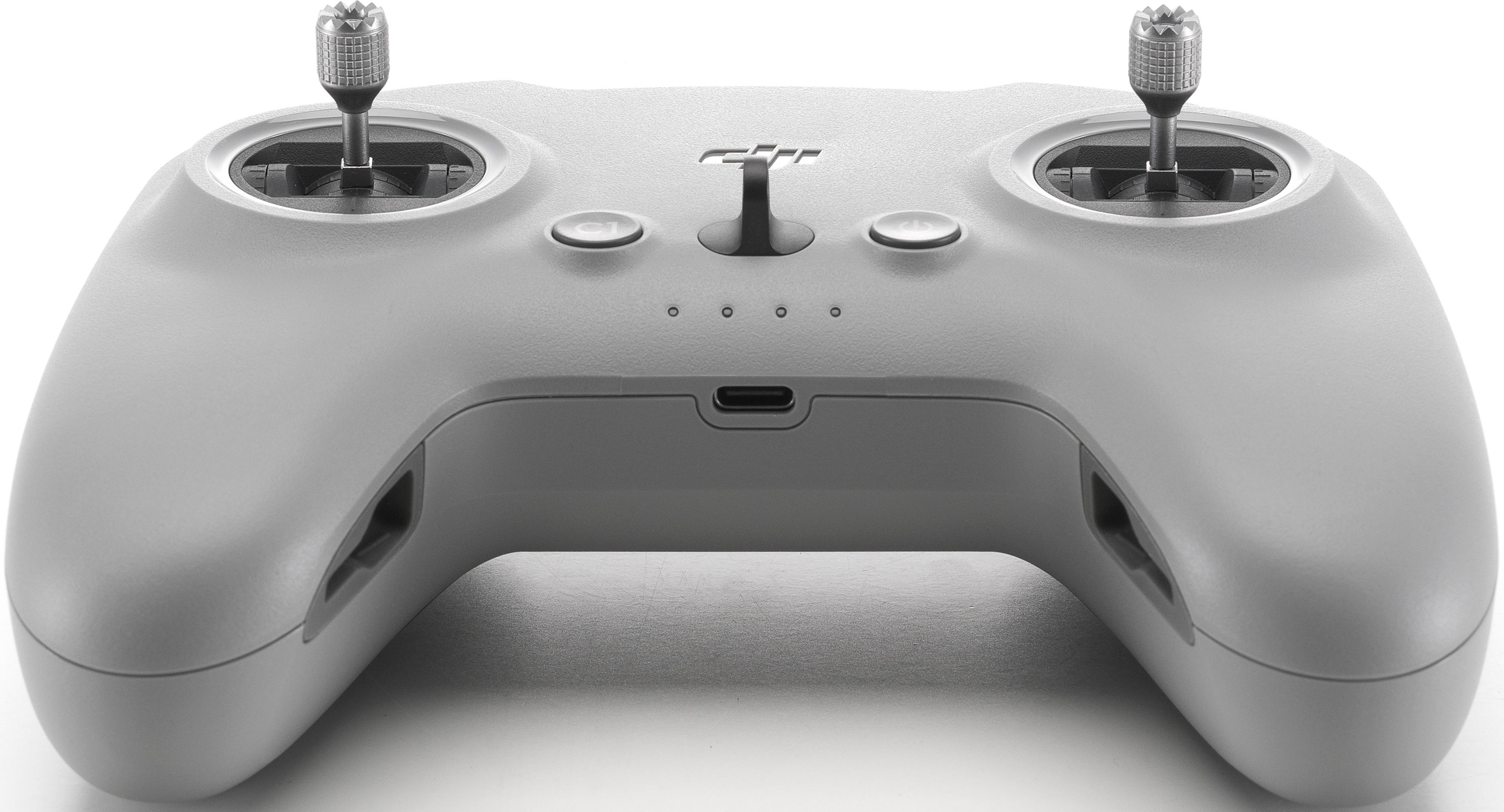 Szary kontroler z dwoma joystickami, portem USB-C i przyciskami.