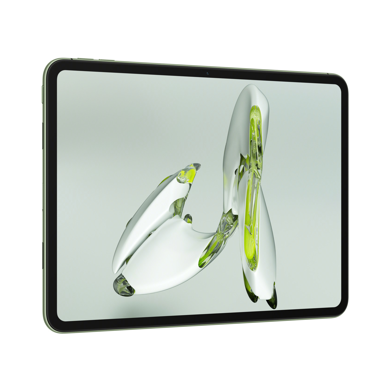 Tableta verde que muestra una escultura abstracta y translúcida con detalles verdes.