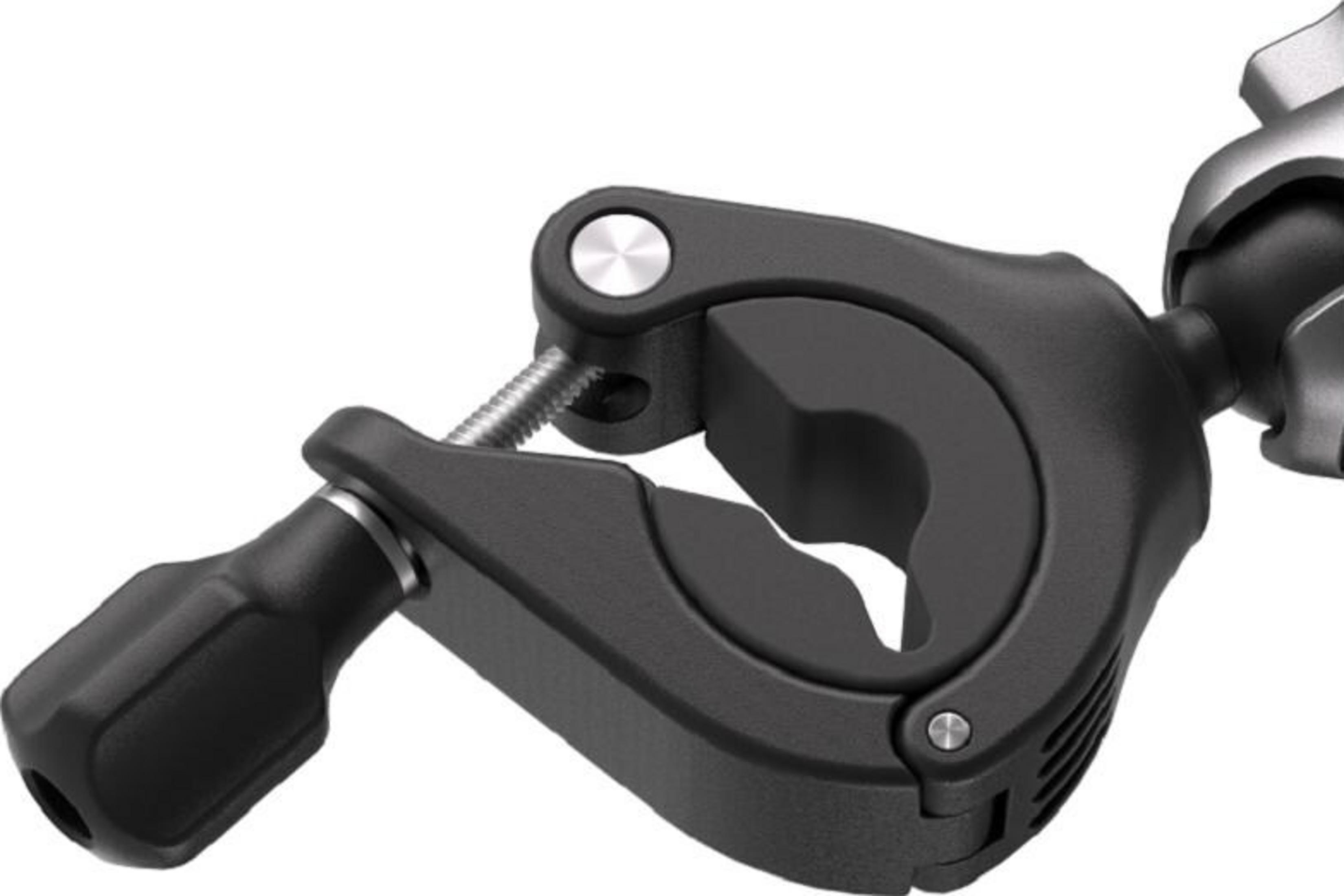 Czarny mechanizm zaciskowy ze srebrnym pokrętłem i śrubą.