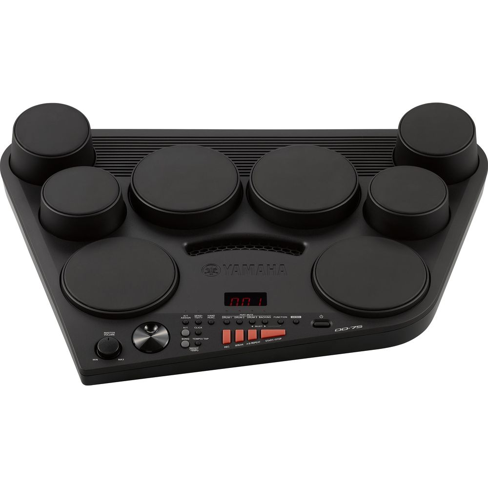 Ein schwarzes Yamaha DD-75 elektronisches Schlagzeug mit acht Pads und Bedienelementen.