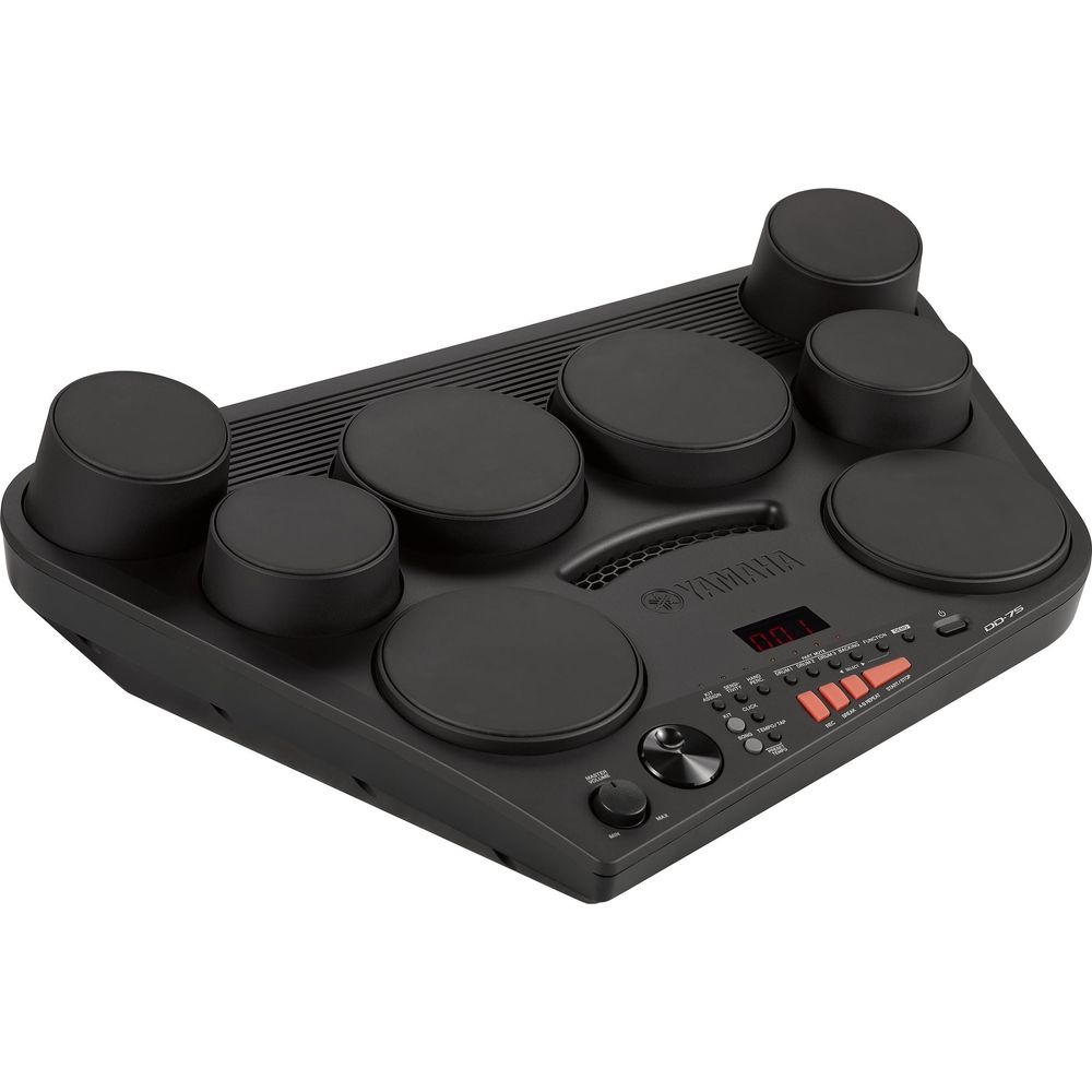 Schwarzes elektronisches Yamaha DD-75 Schlagzeug mit acht Pads und Bedienelementen.