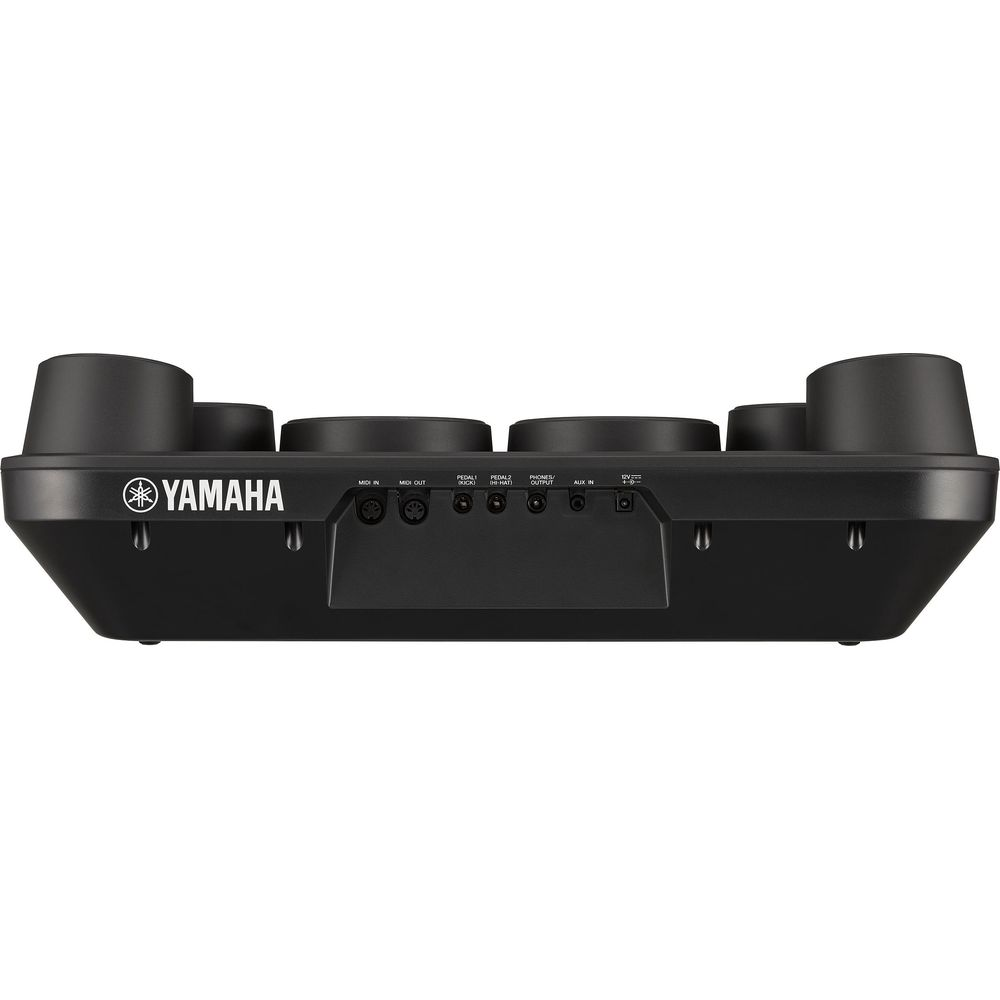 Schwarzes Yamaha E-Drum-Modul mit Anschlüssen und Pads.