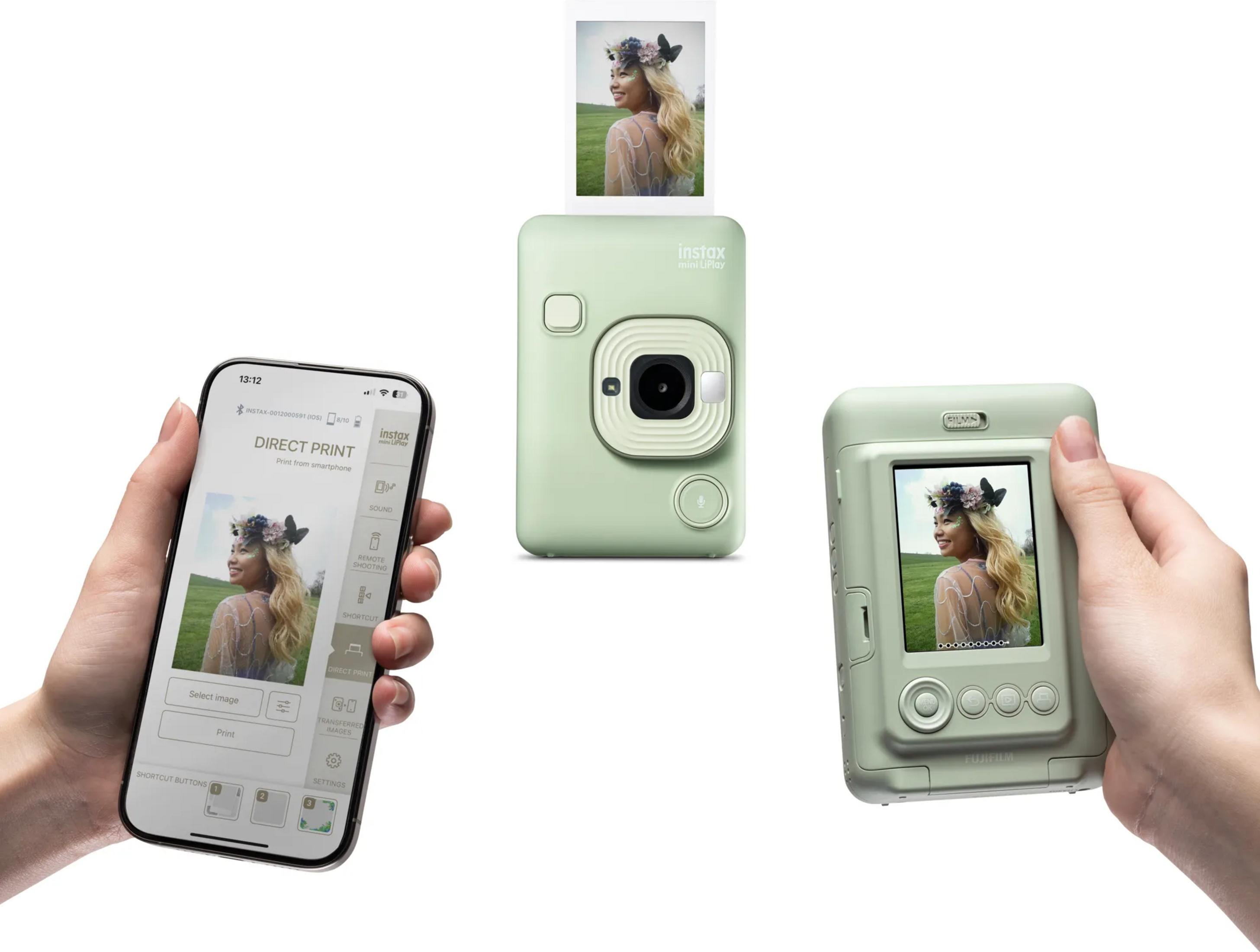 Cámara Instax Mini LiPlay verde con smartphone y foto.
