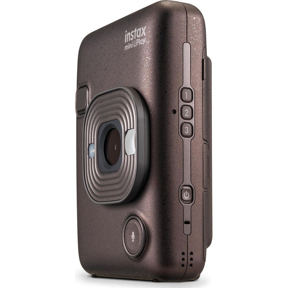 Dunkelbraune Instax Mini LiPlay Kamera mit Objektiv und Knöpfen.