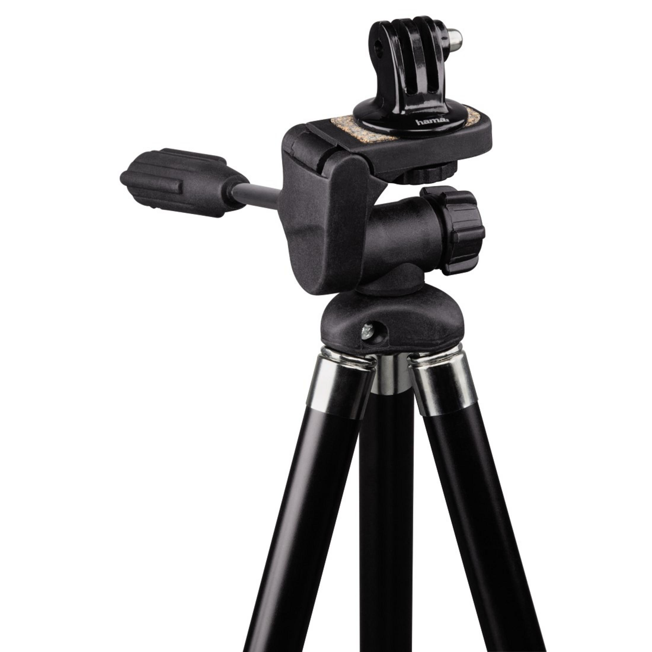 Treppiede nero a morsetto con supporto GoPro e braccio regolabile.