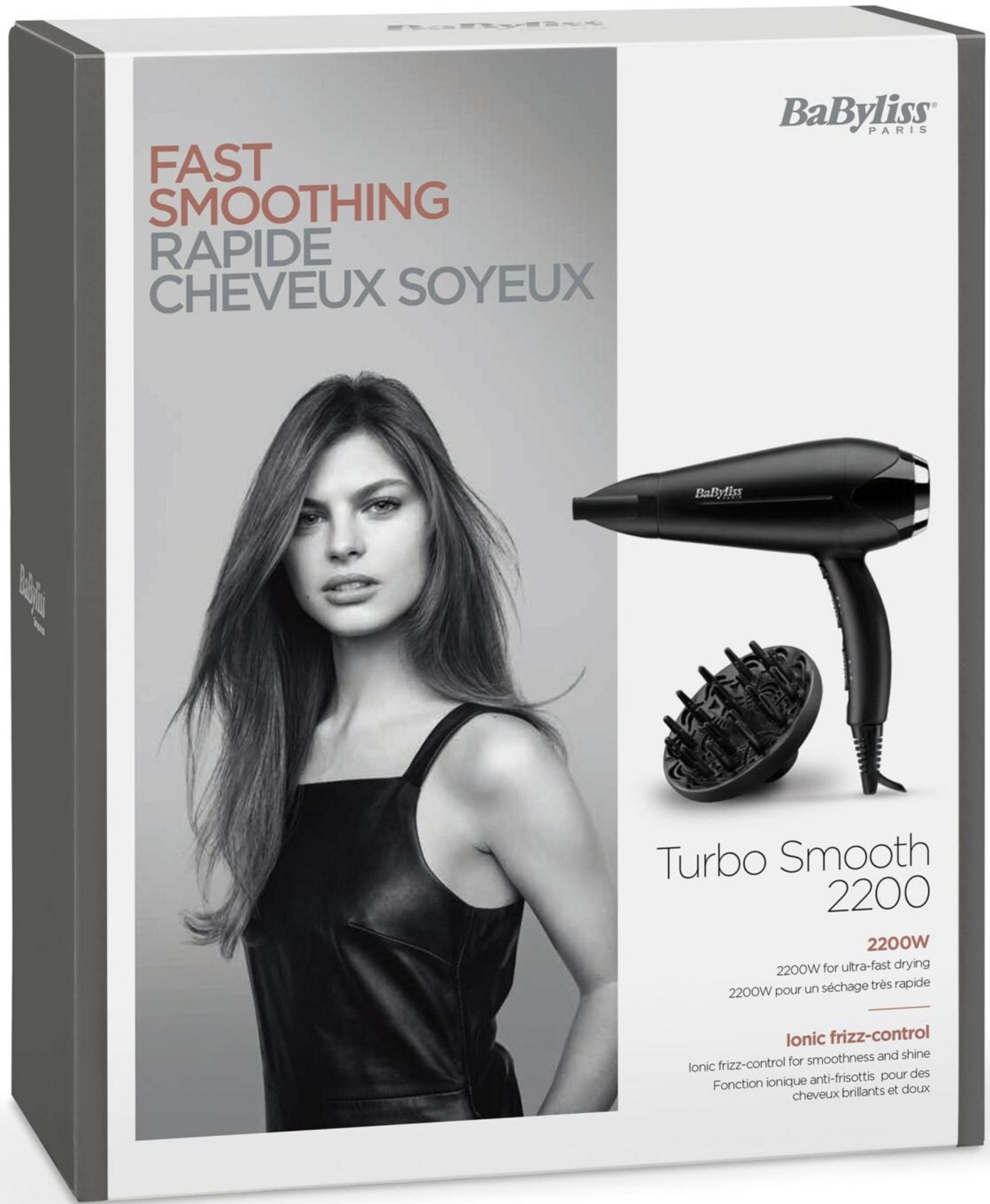 Pudełko z kobietą i suszarką do włosów, oznaczone 'Fast Smoothing'.