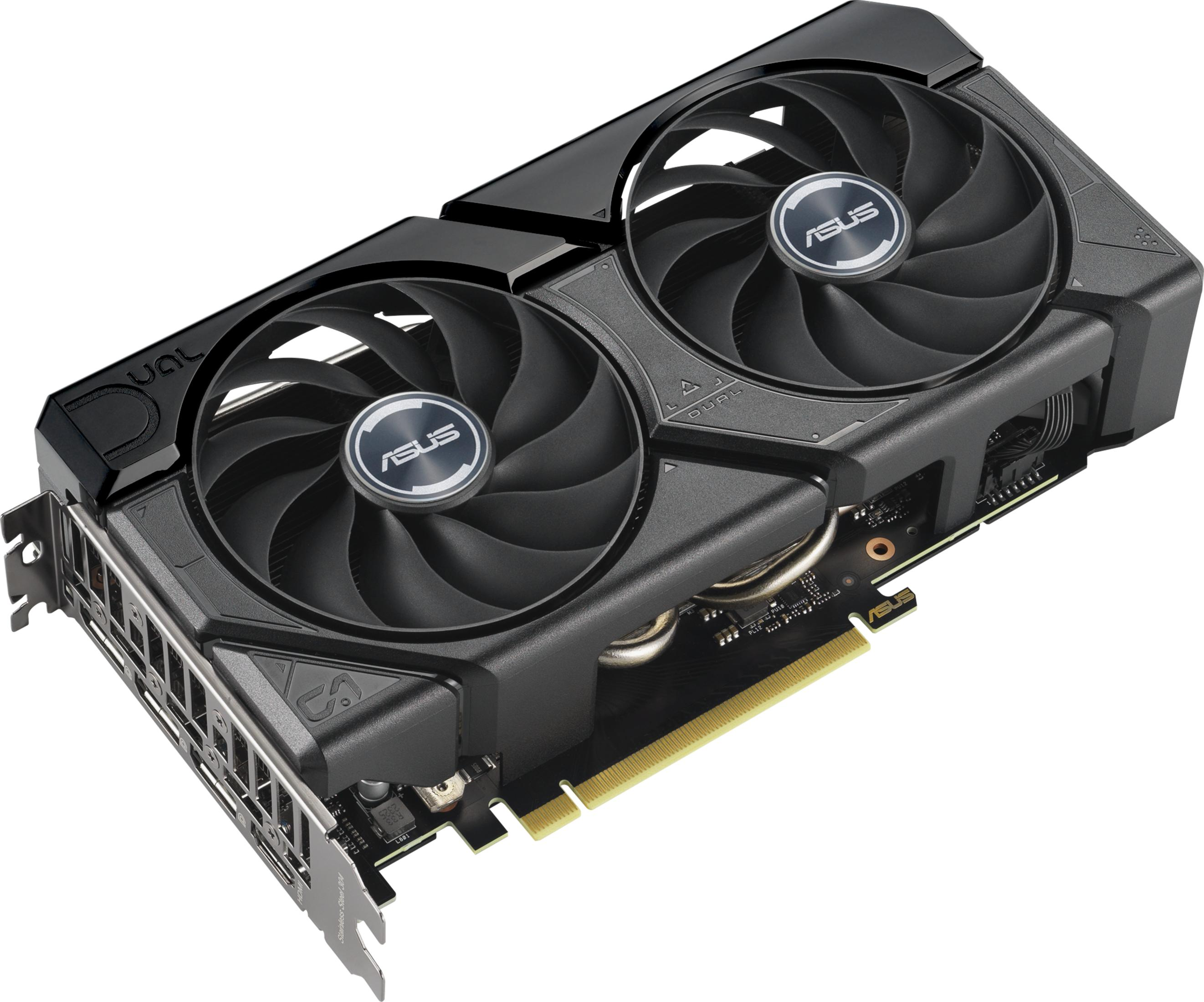 Scheda grafica nera con due ventole e logo ASUS su sfondo bianco.