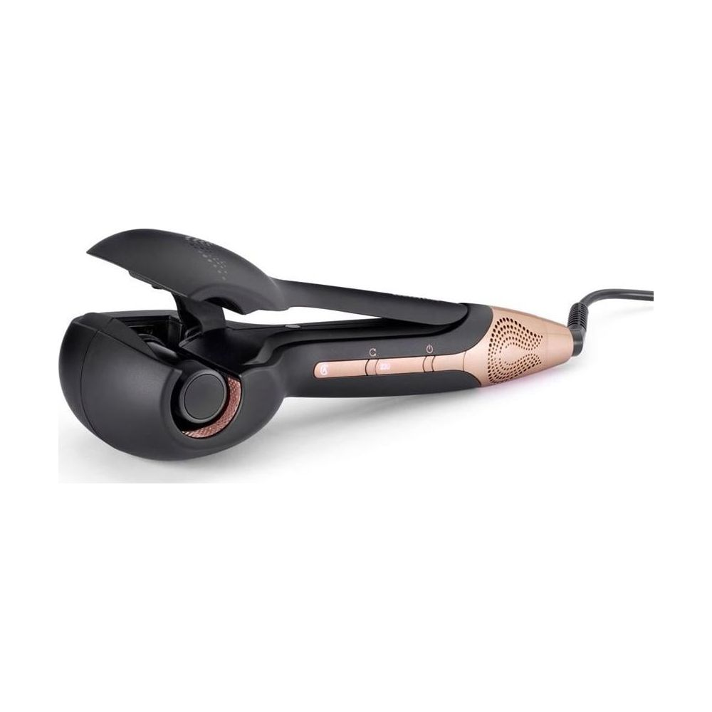 Czarna i różowo-złota lokówka do włosów z otwartym zaciskiem i kablem.