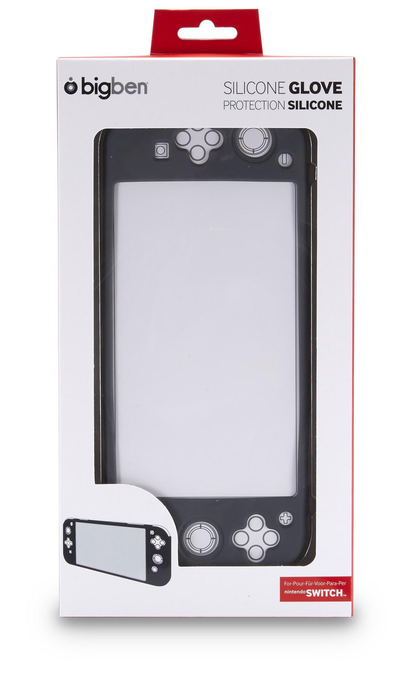 Confezione di un guanto protettivo in silicone grigio per Nintendo Switch.