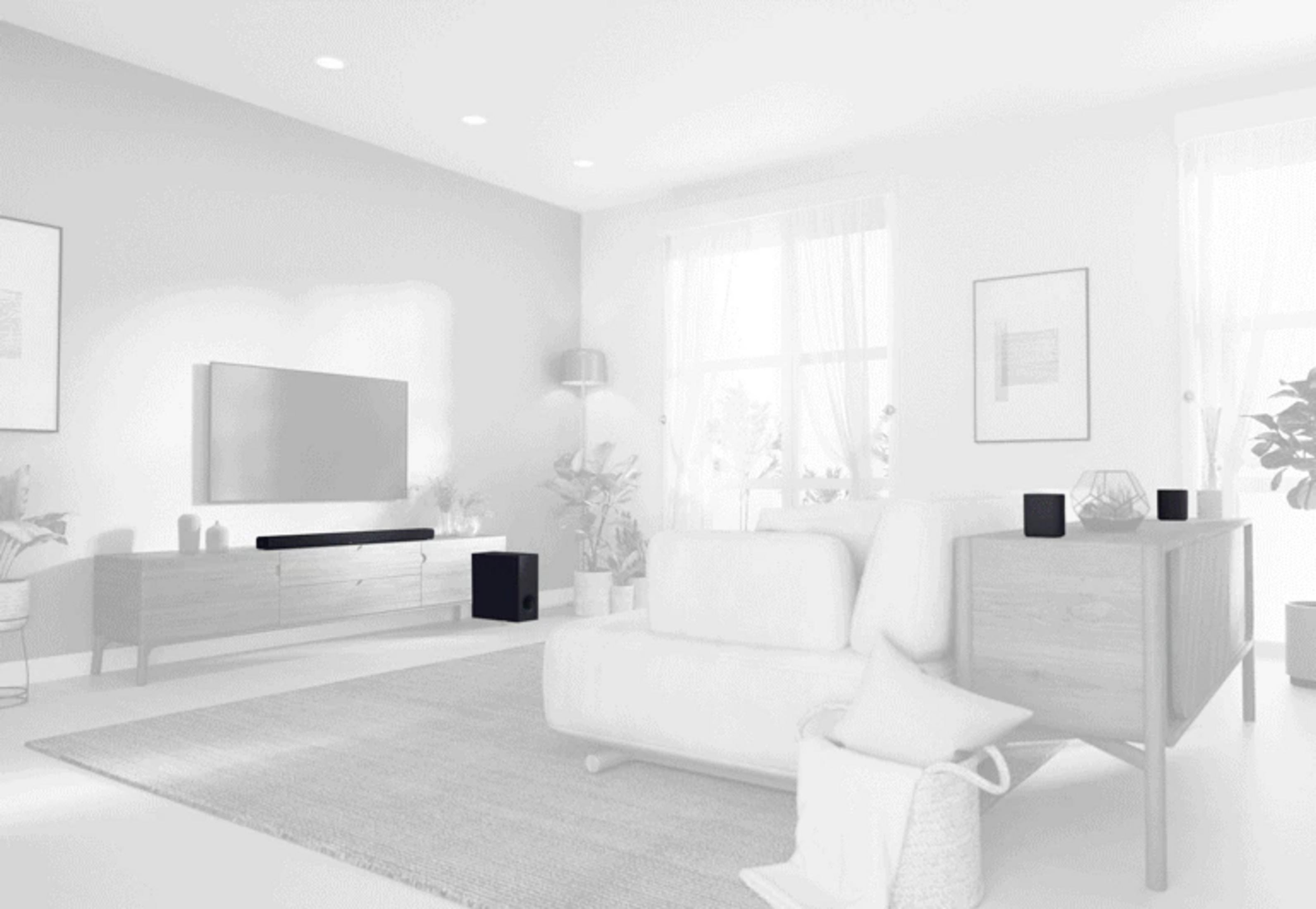 Nowoczesny salon z telewizorem, sofą, stolikami i roślinami.