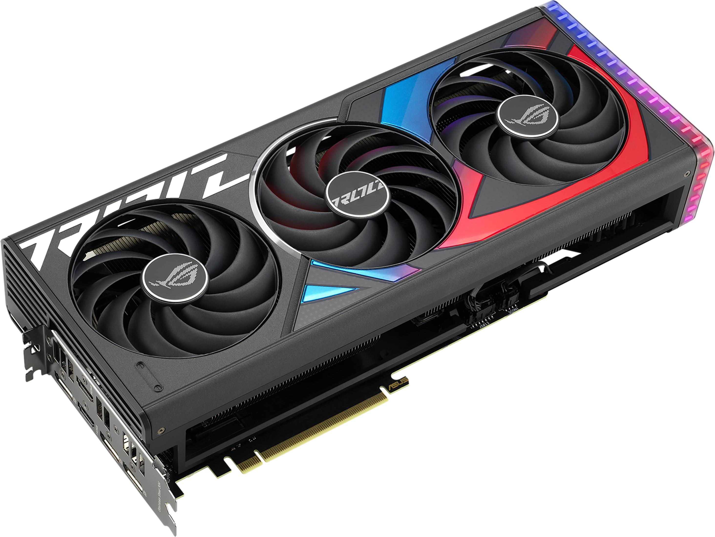 Una scheda grafica per computer nera con tre ventole e illuminazione RGB.