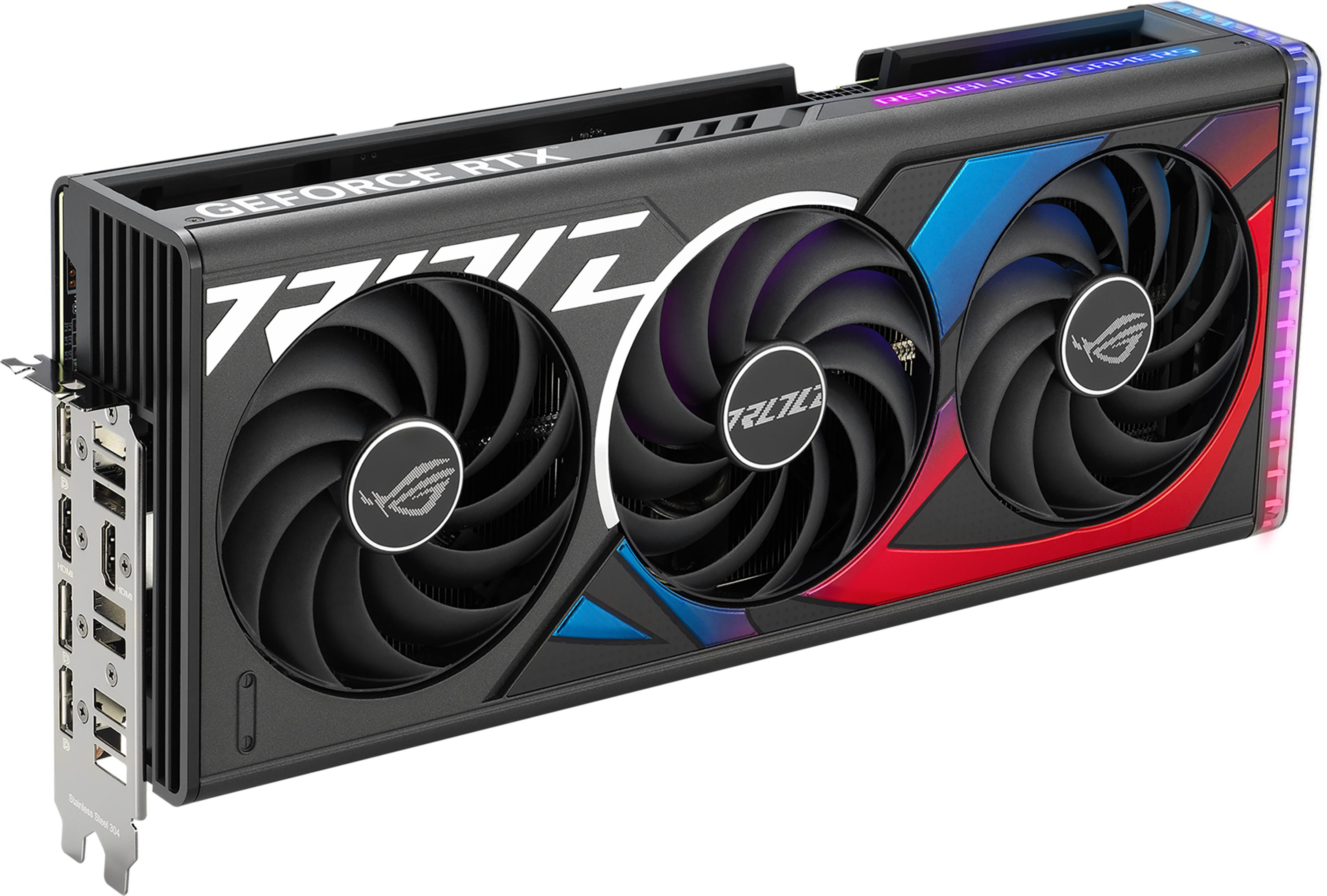 Una scheda grafica nera con tre ventole, illuminazione RGB e porte.