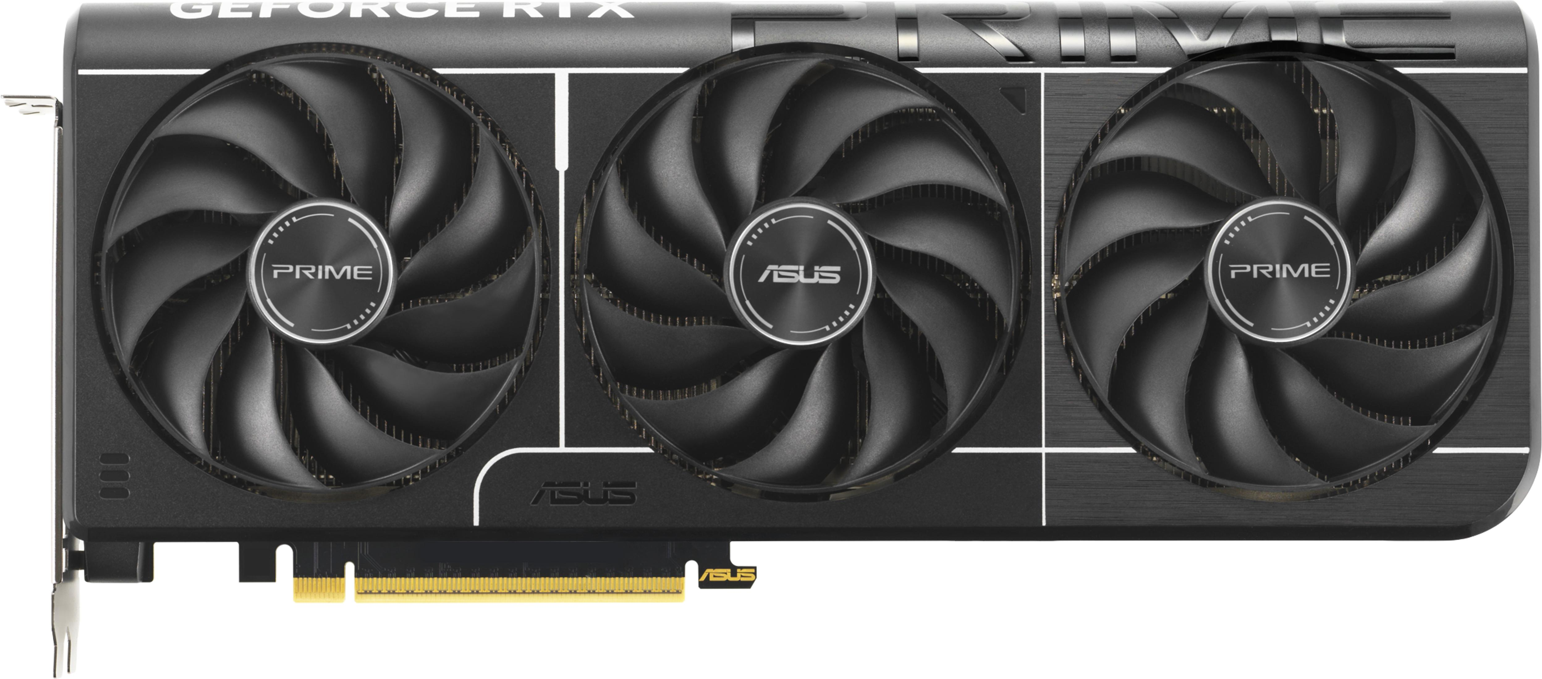 Schwarze Grafikkarte mit drei Lüftern und ASUS Prime-Logo.