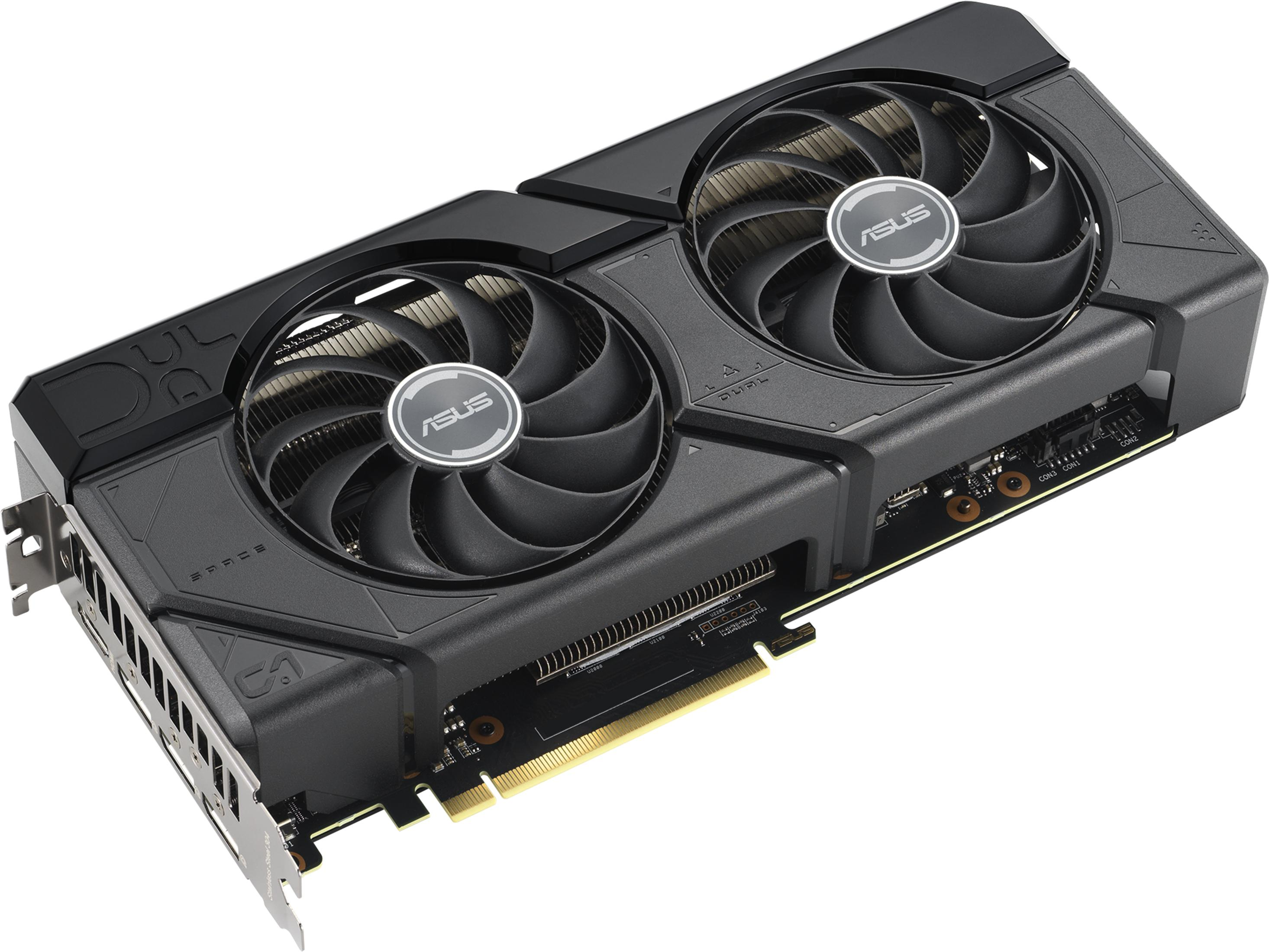 Scheda grafica nera con due ventole, logo ASUS e connettori dorati.