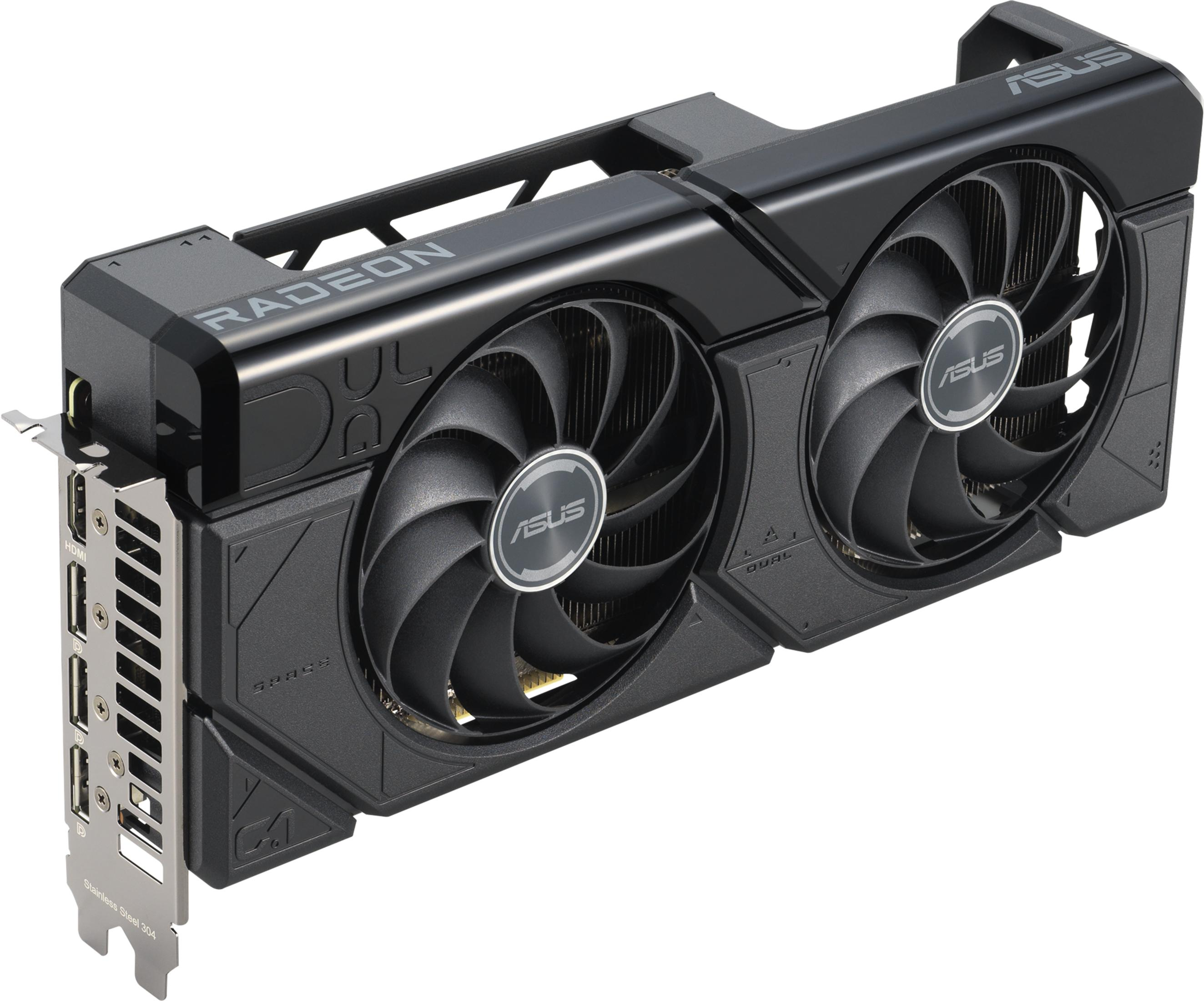 Scheda grafica nera con due ventole e porte HDMI.