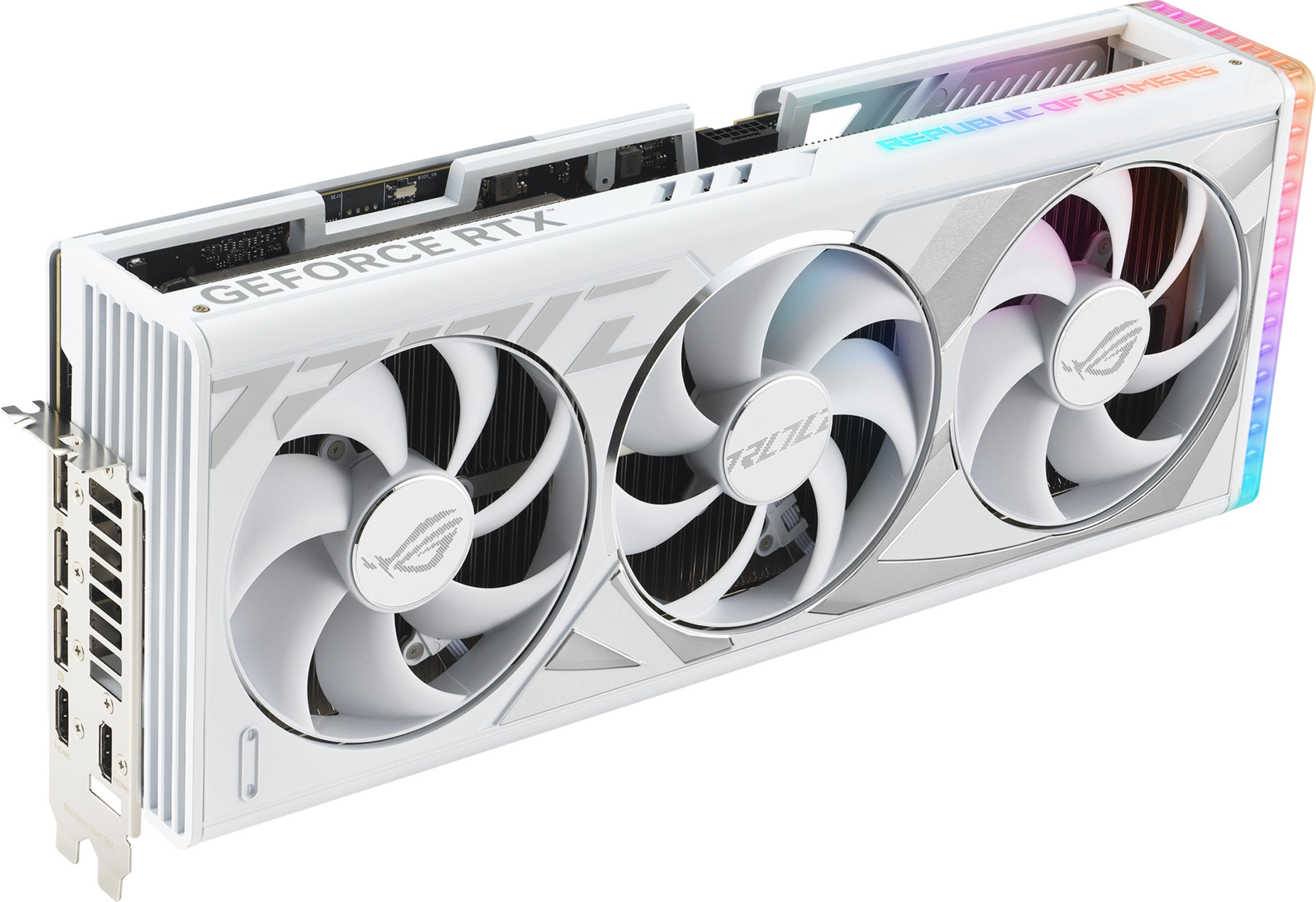 Scheda grafica bianca con tre ventole e illuminazione RGB.