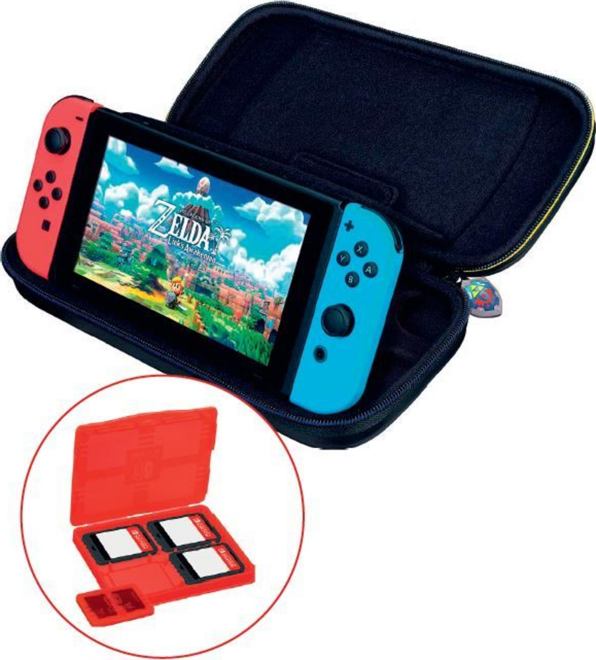 Nintendo Switch w etui z grą Zelda i czerwonym uchwytem na karty.