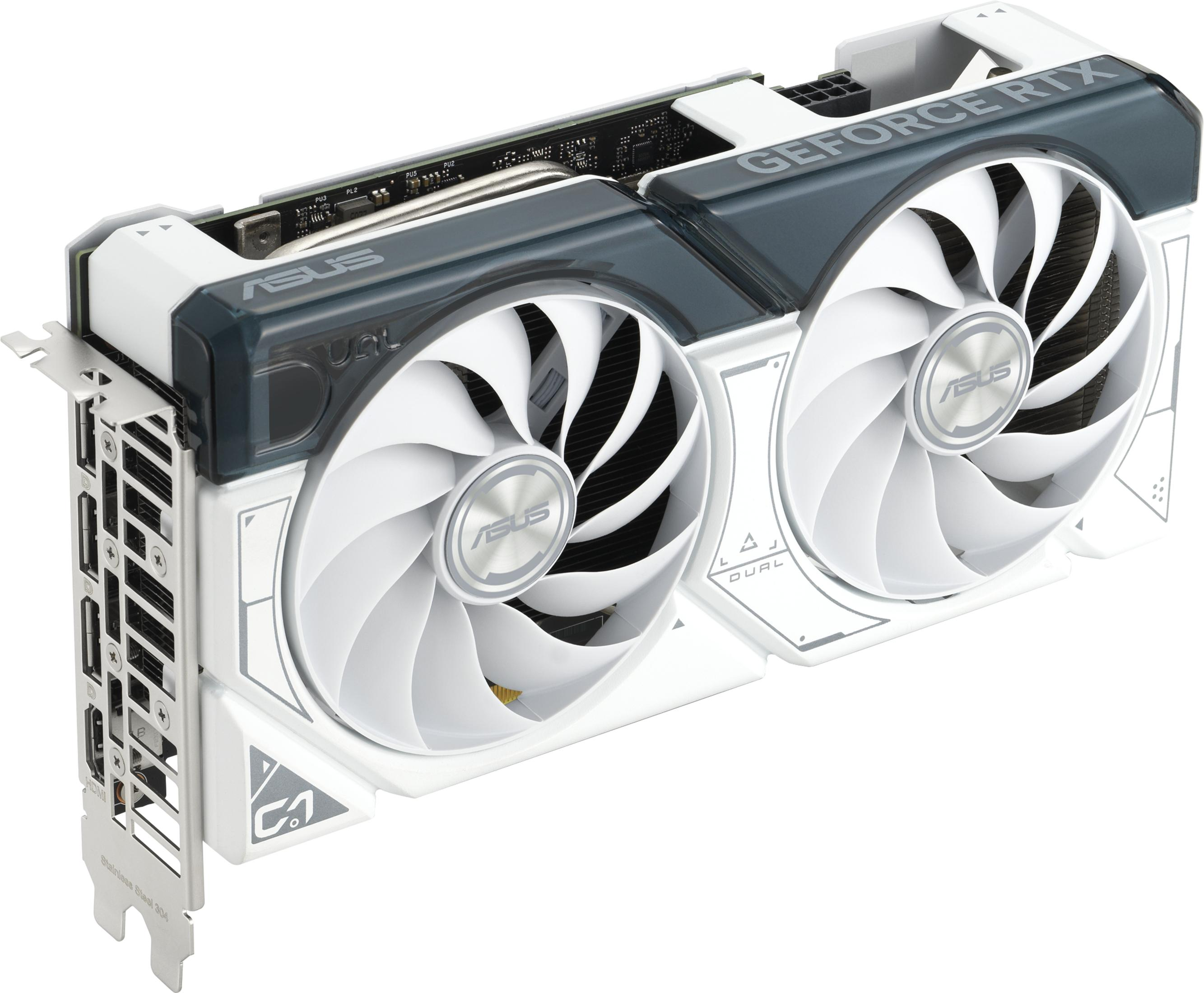 Scheda grafica bianca con due ventole, marchio ASUS e GeForce RTX.