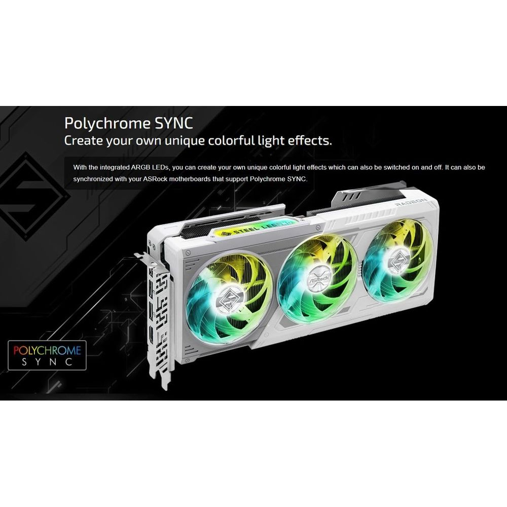 Biała karta graficzna z trzema wentylatorami, podświetlana kolorowymi diodami ARGB. Posiada 'Polychrome SYNC'.