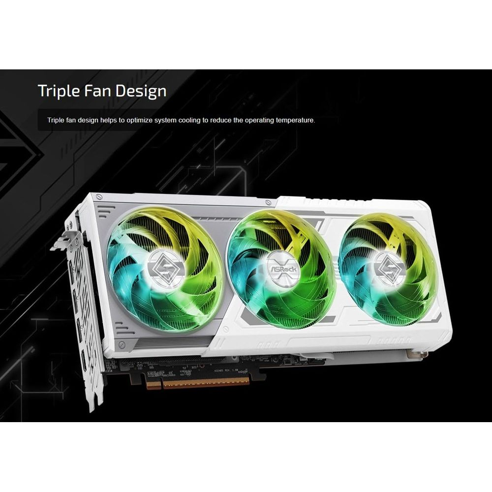 Biała karta graficzna z trzema wentylatorami, wyświetlająca oświetlenie RGB w kolorach zielonym i niebieskim.