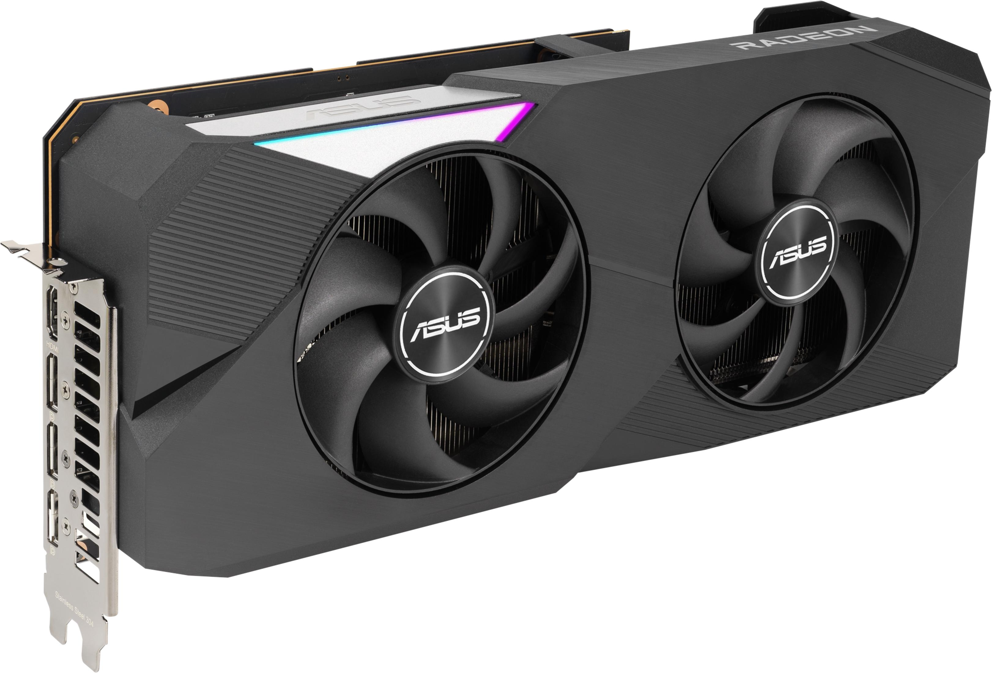 Ein schwarzes Asus Radeon Grafikkarten-Modell mit zwei Lüftern und RGB-Beleuchtung.