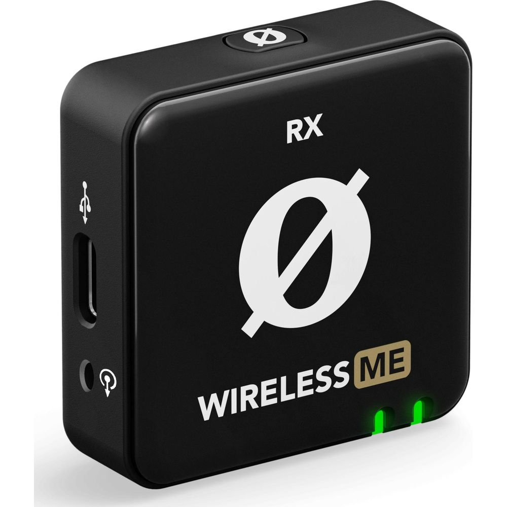 Un ricevitore wireless nero con marchio RX e Wireless ME. Porta USB-C visibile.