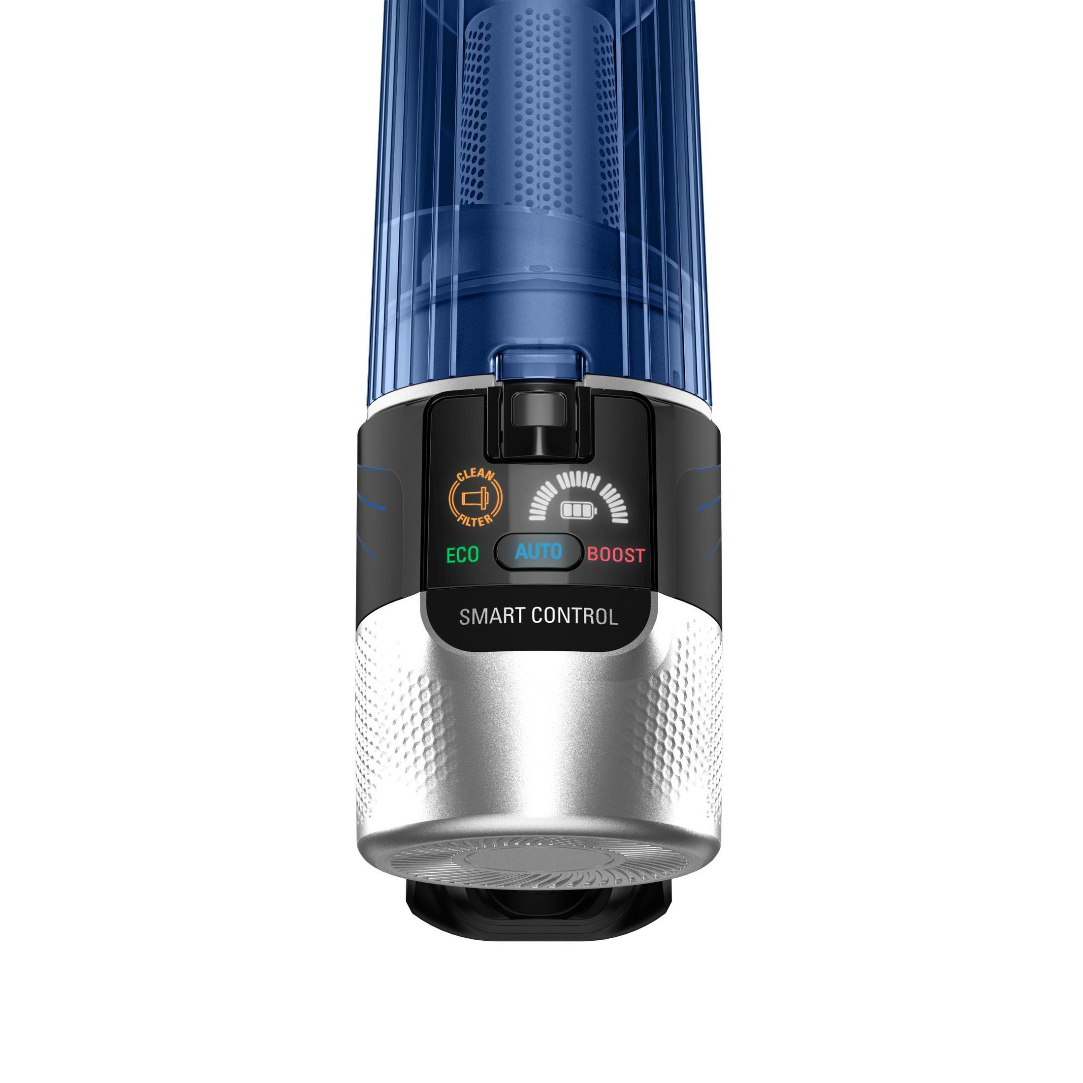 Gros plan d'une poignée d'aspirateur avec des détails bleus et argentés.