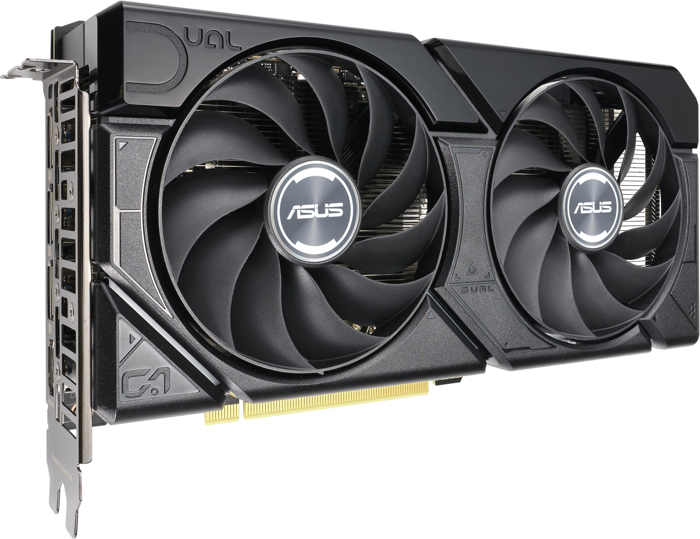 Scheda grafica nera con due ventole e logo ASUS.