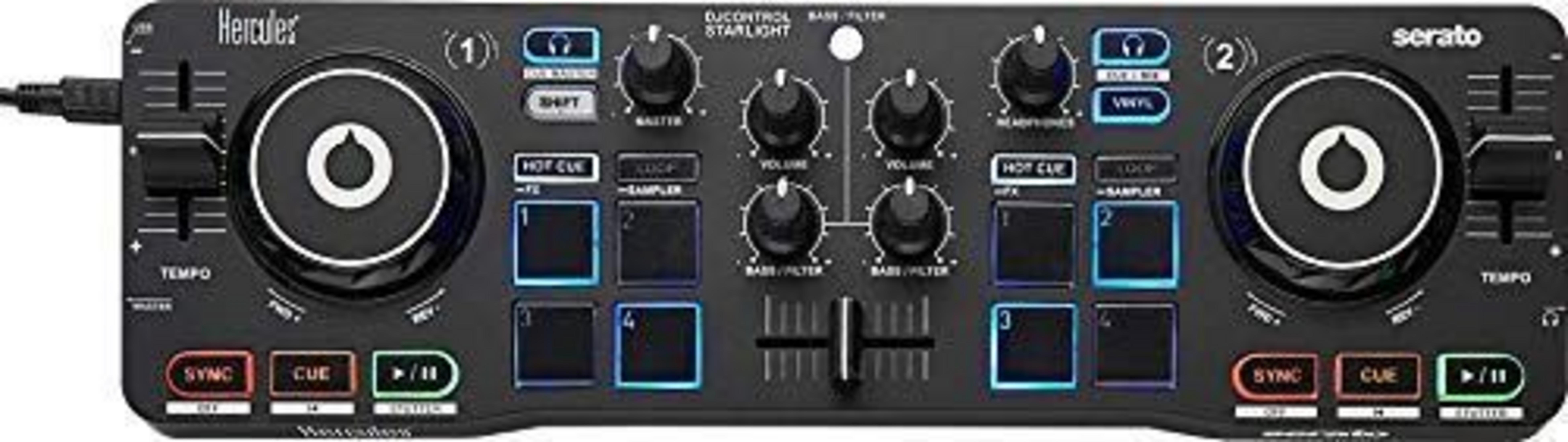 Zwarte DJ-controller met twee jogwheels, knoppen en pads.