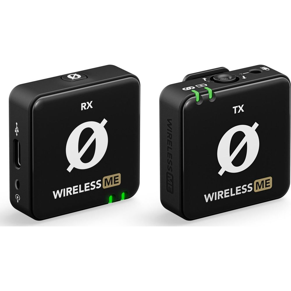 Dwa czarne urządzenia Wireless ME, RX i TX, z logo i zielonymi światłami.