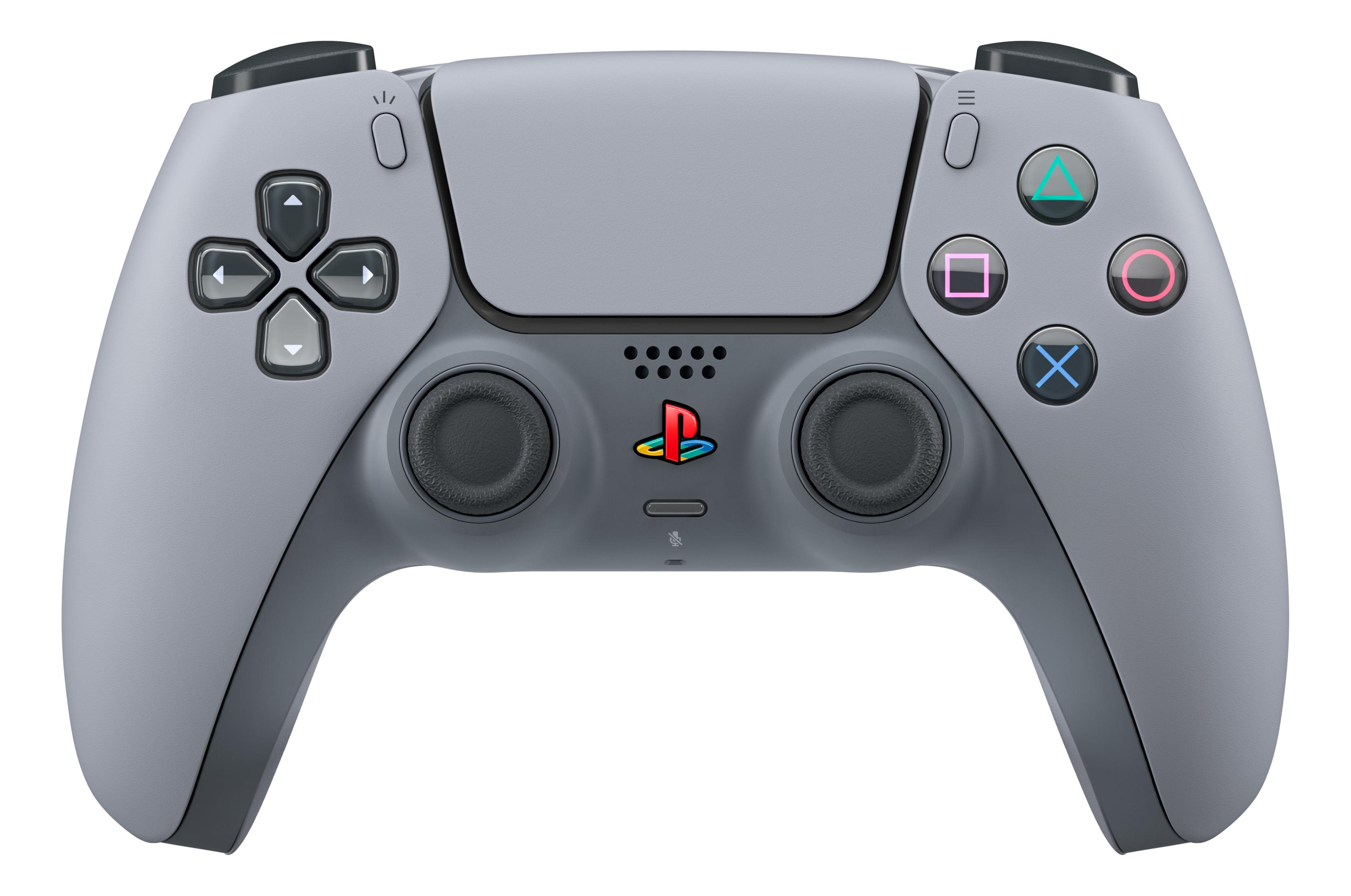 Grauer PlayStation 5 Controller mit farbigem Logo und schwarzen Tasten.