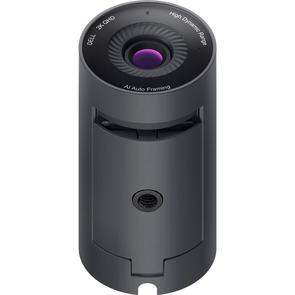 Una webcam Dell nera con 2K QHD e AI Auto Framing.
