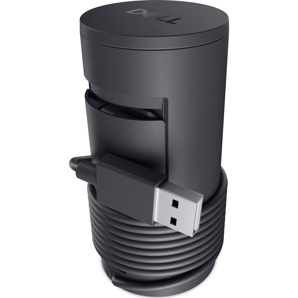 Dispositivo Dell nero con cavo USB avvolto e spina.