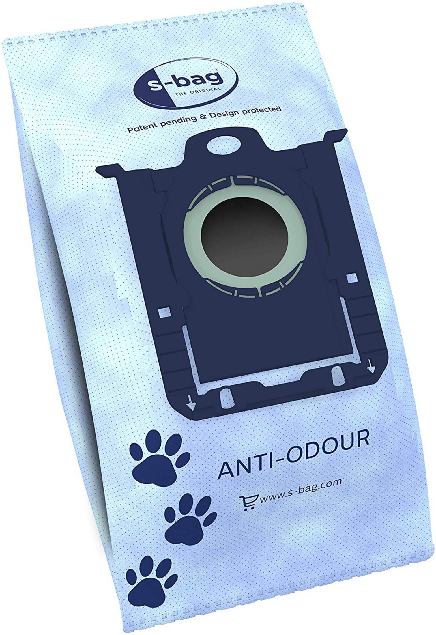 Bolsa azul S-Bag para aspiradora con texto antiolor y huellas.