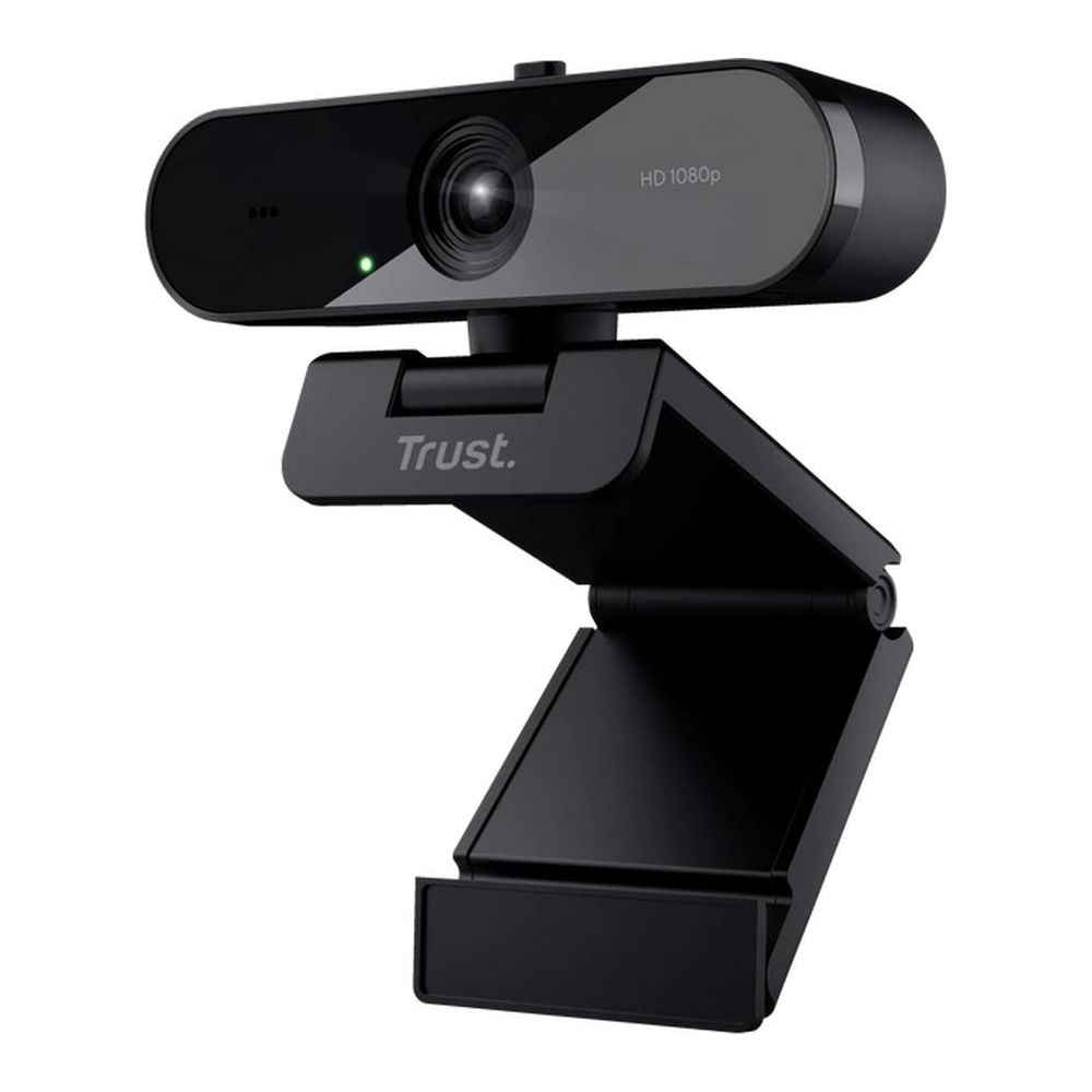 Czarna kamera internetowa HD z logo Trust i regulowanym stojakiem na białym tle.