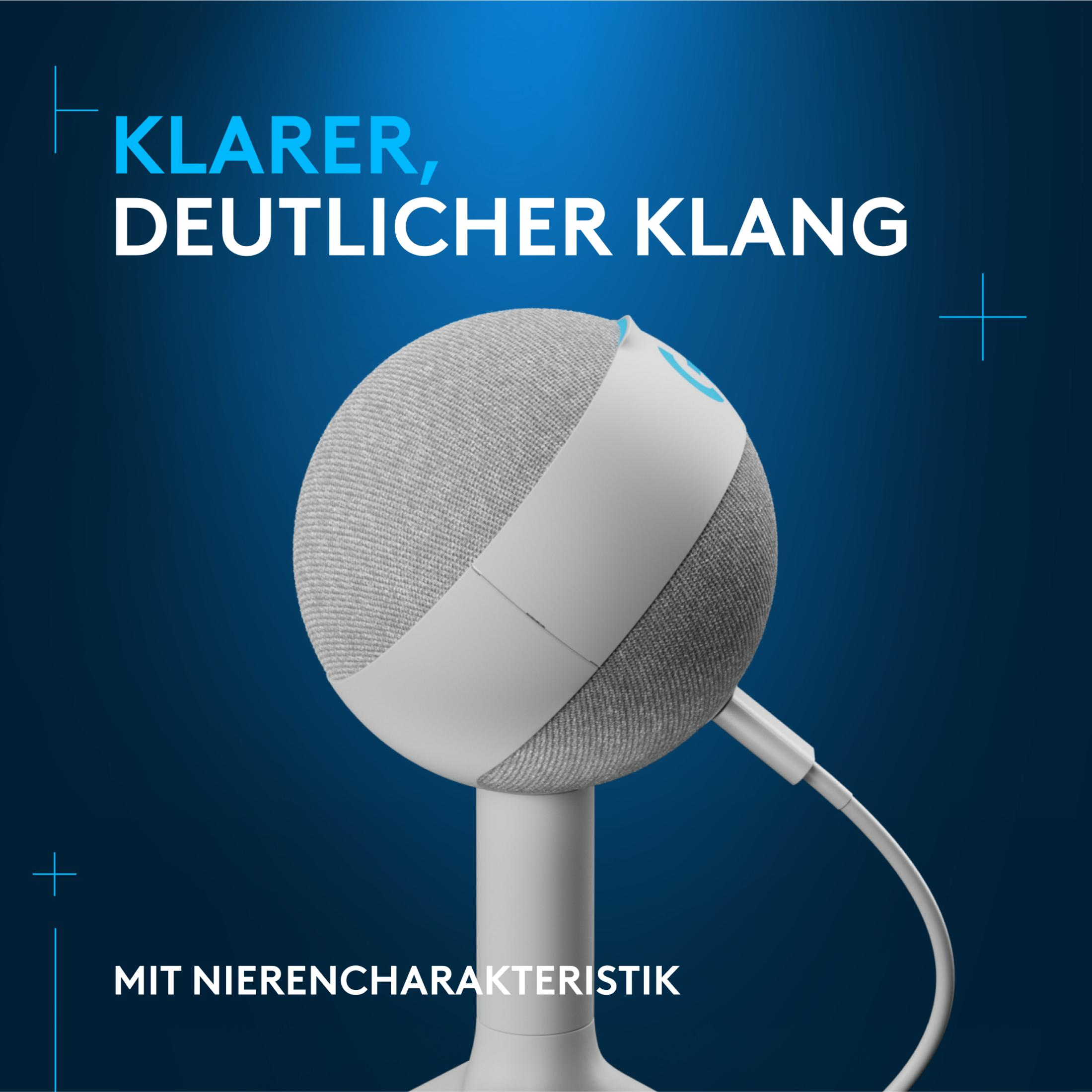 Grauer Lautsprecher auf weißem Ständer mit Kabel, blaue Schrift.