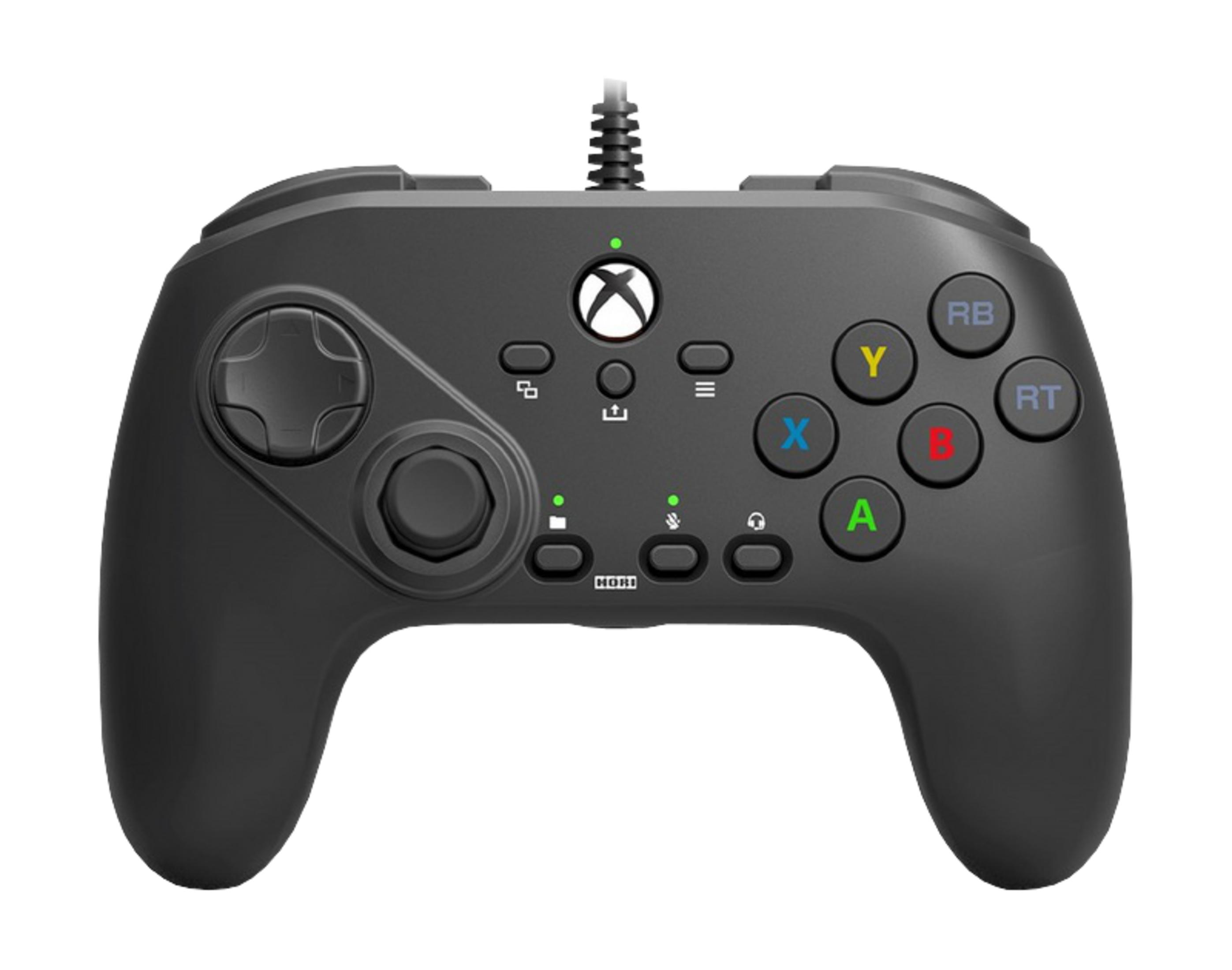 Czarny kontroler Xbox z przewodem, D-padem, drążkami analogowymi i kolorowymi przyciskami.