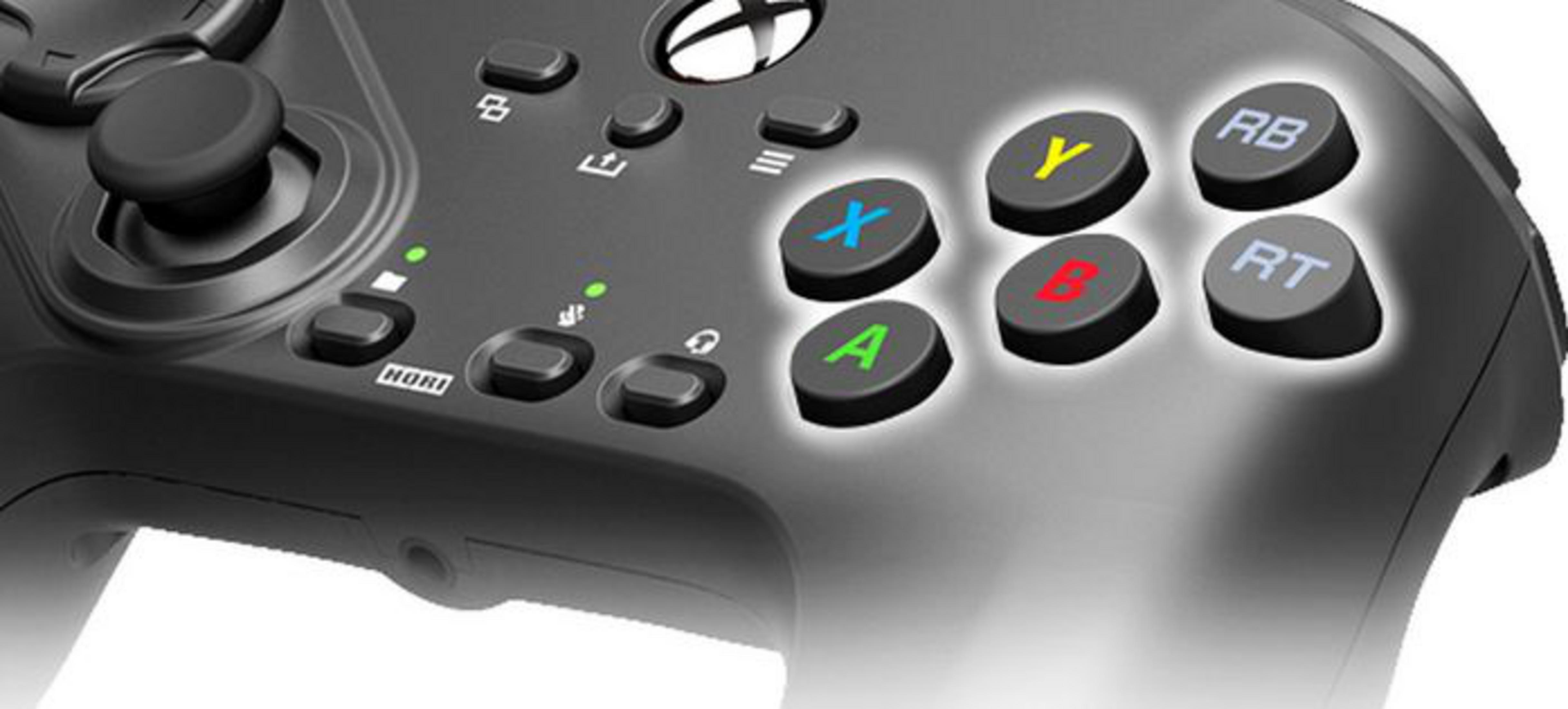 Czarny kontroler do gier z podświetlanymi przyciskami: A, B, X, Y, RB, RT.