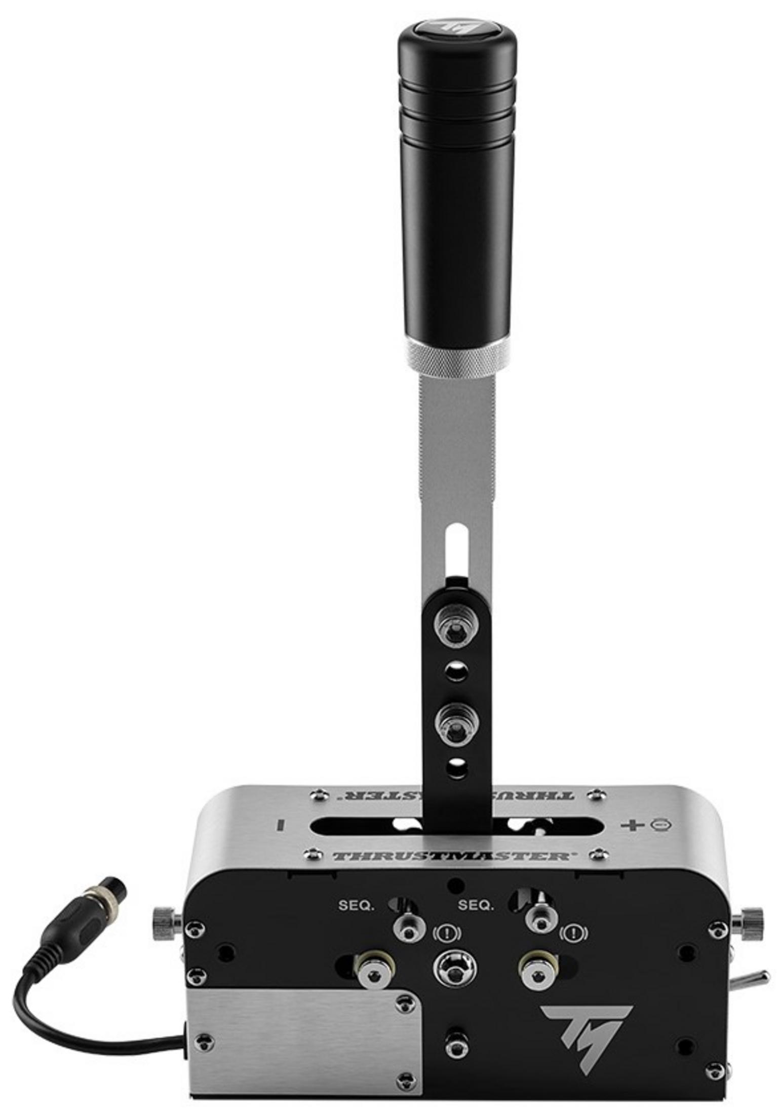 Ein schwarzer und silberner Thrustmaster-Schalthebel mit schwarzem Griff und Metallakzenten.