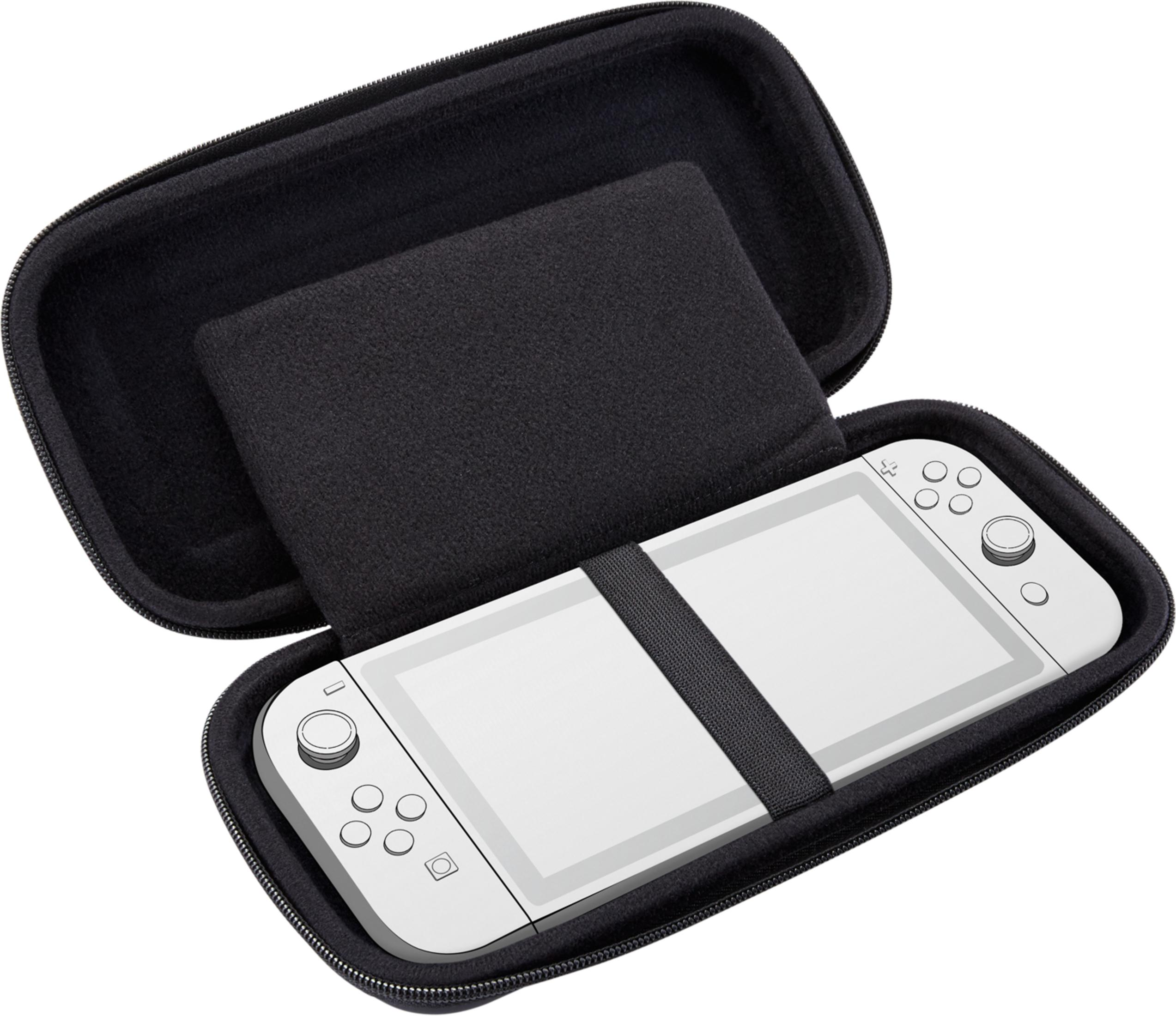 Un dispositivo portátil blanco con botones negros dentro de un estuche negro.
