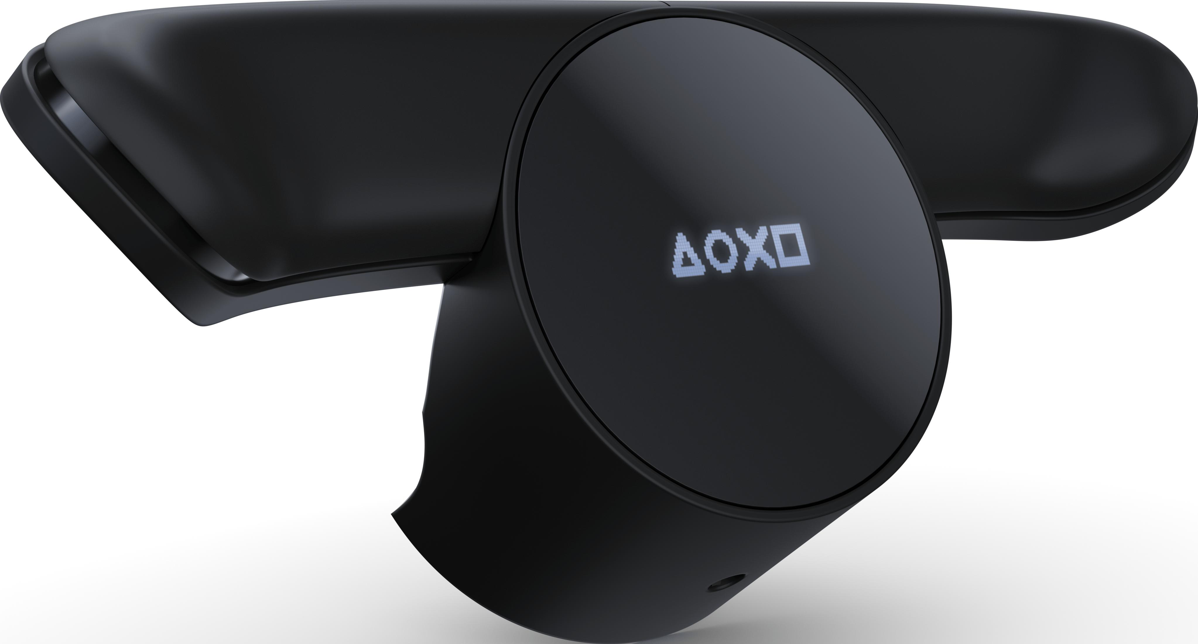 Schwarzer Gaming-Controller mit einem kleinen beleuchteten Bildschirm, der ein Dreieck, Kreis, Kreuz und Quadrat zeigt.