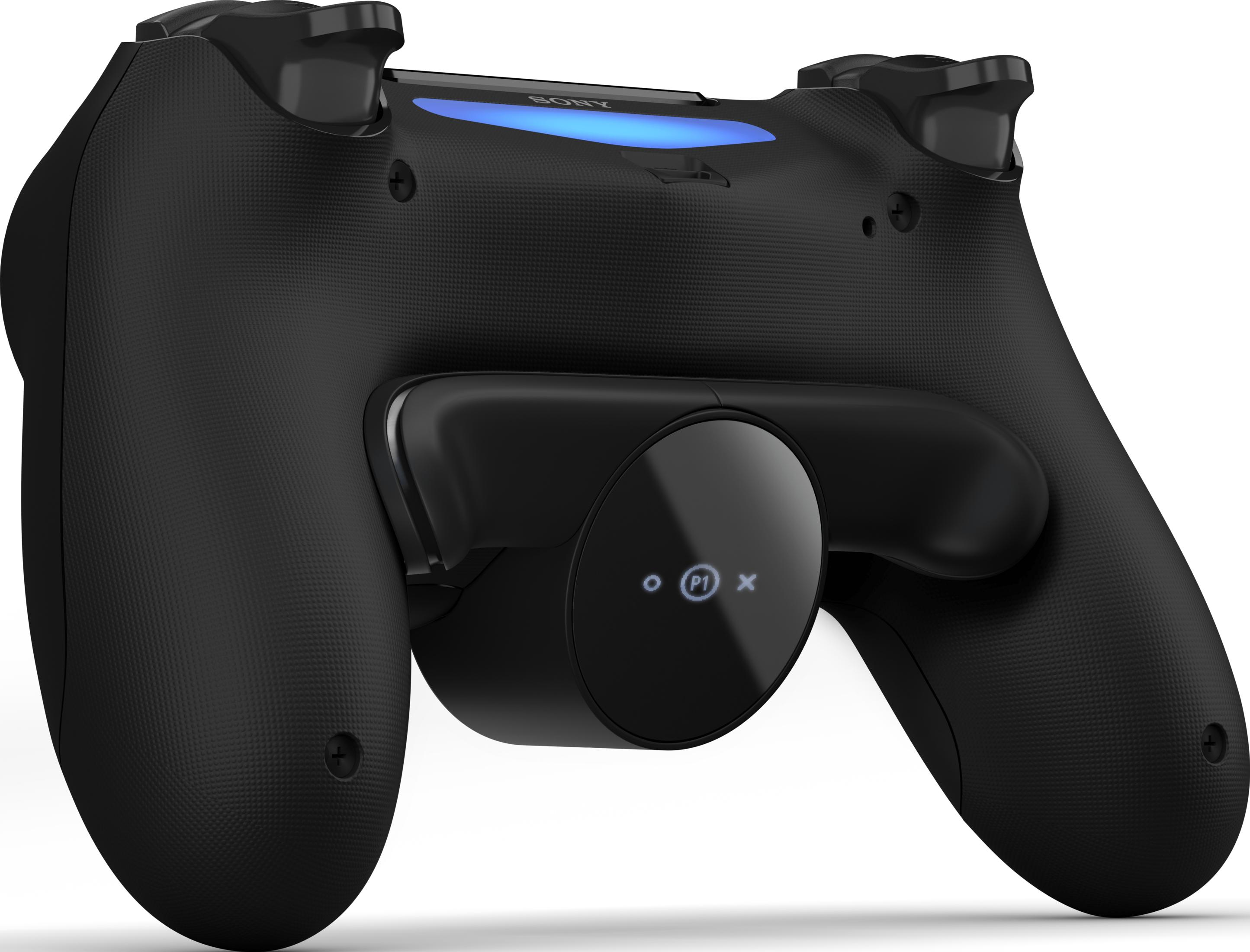 Schwarzer Sony Controller mit blau leuchtendem Lichtbalken und rundem Zusatzmodul.