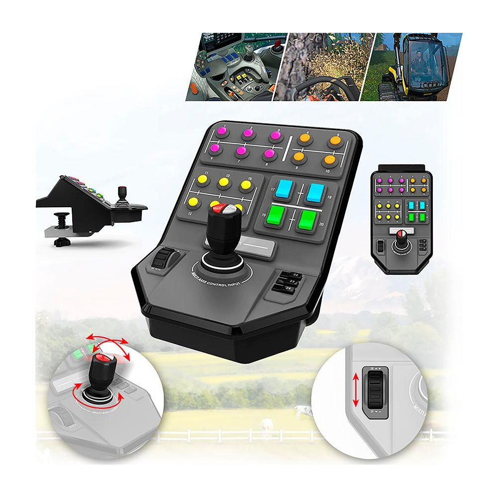 Czarny kontroler joystick z wieloma przyciskami i przełącznikami; zbliżenia pokazują detale.