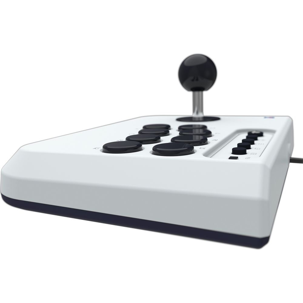 Biały joystick zręcznościowy z czarnymi przyciskami i czarną gałką kulową.