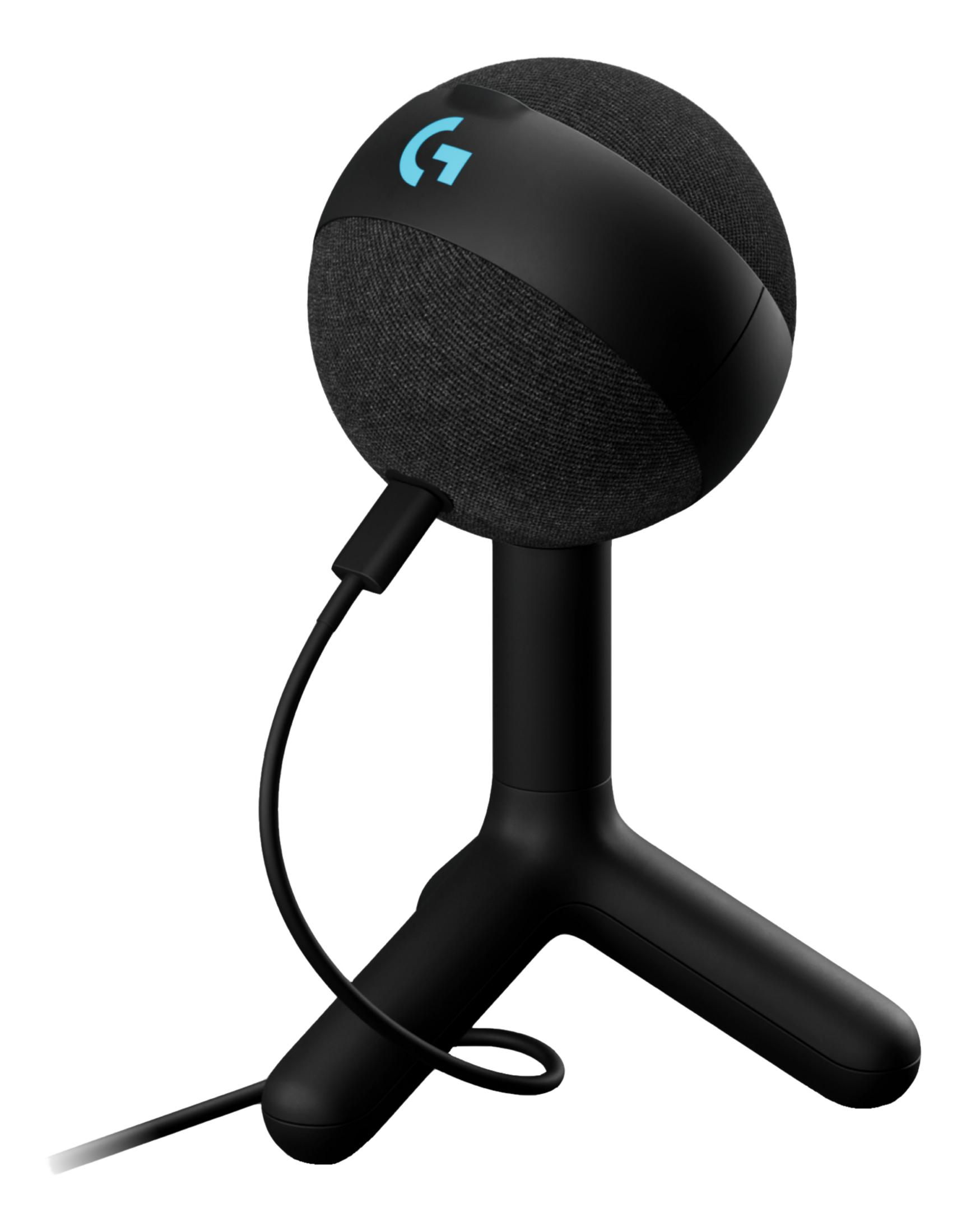 Czarny głośnik kulisty na czarnym statywie z niebieskim logo G.