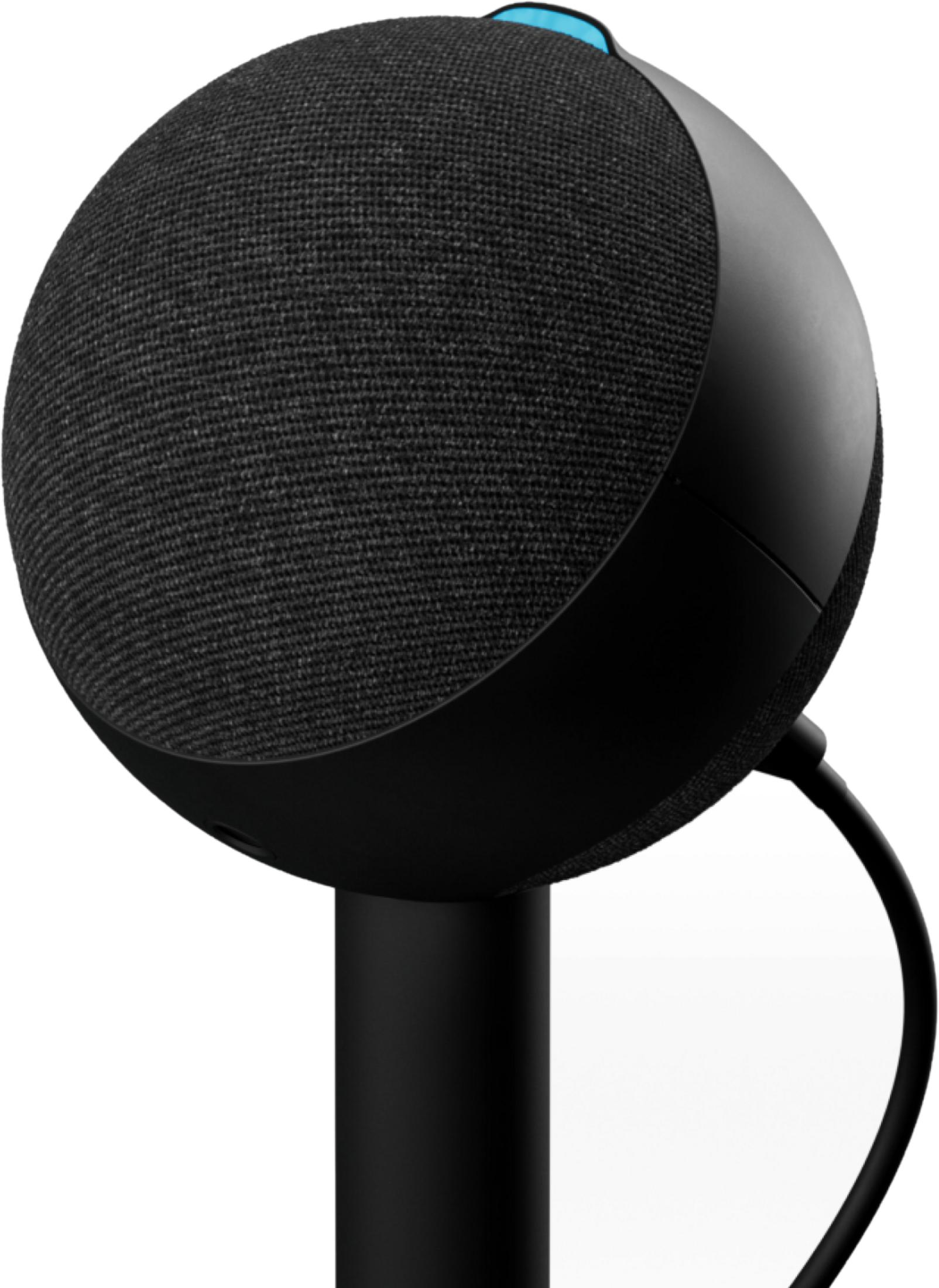 Czarny, kulisty głośnik na stojaku z niebieskim akcentem u góry.