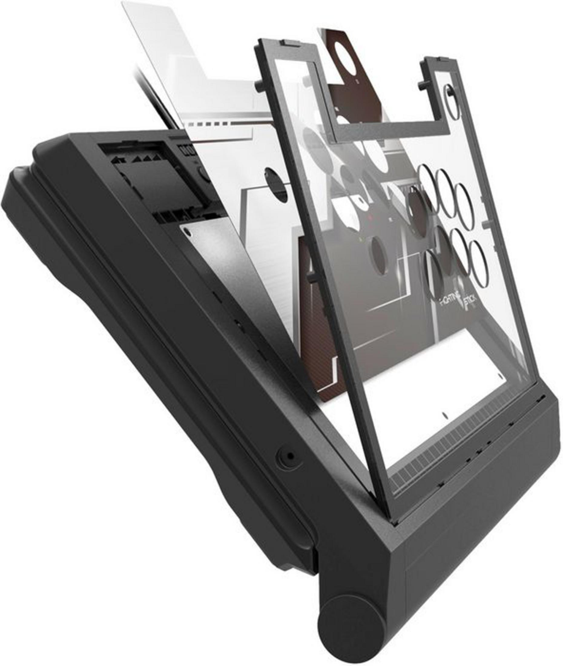 Vista esplosa di un joystick da combattimento nero con strati trasparenti.