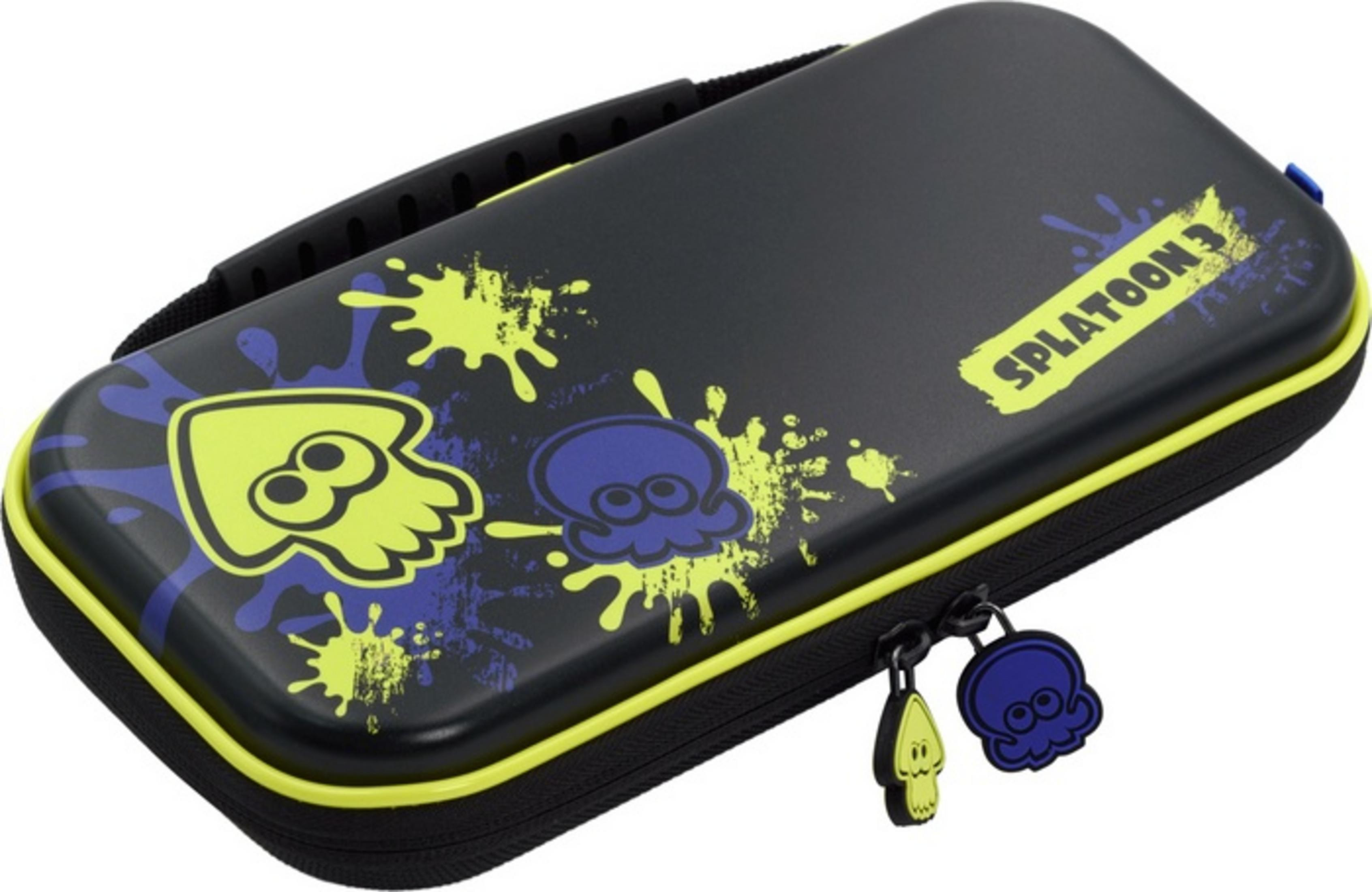 Funda negra Nintendo Switch con diseños de Splatoon en amarillo y azul.