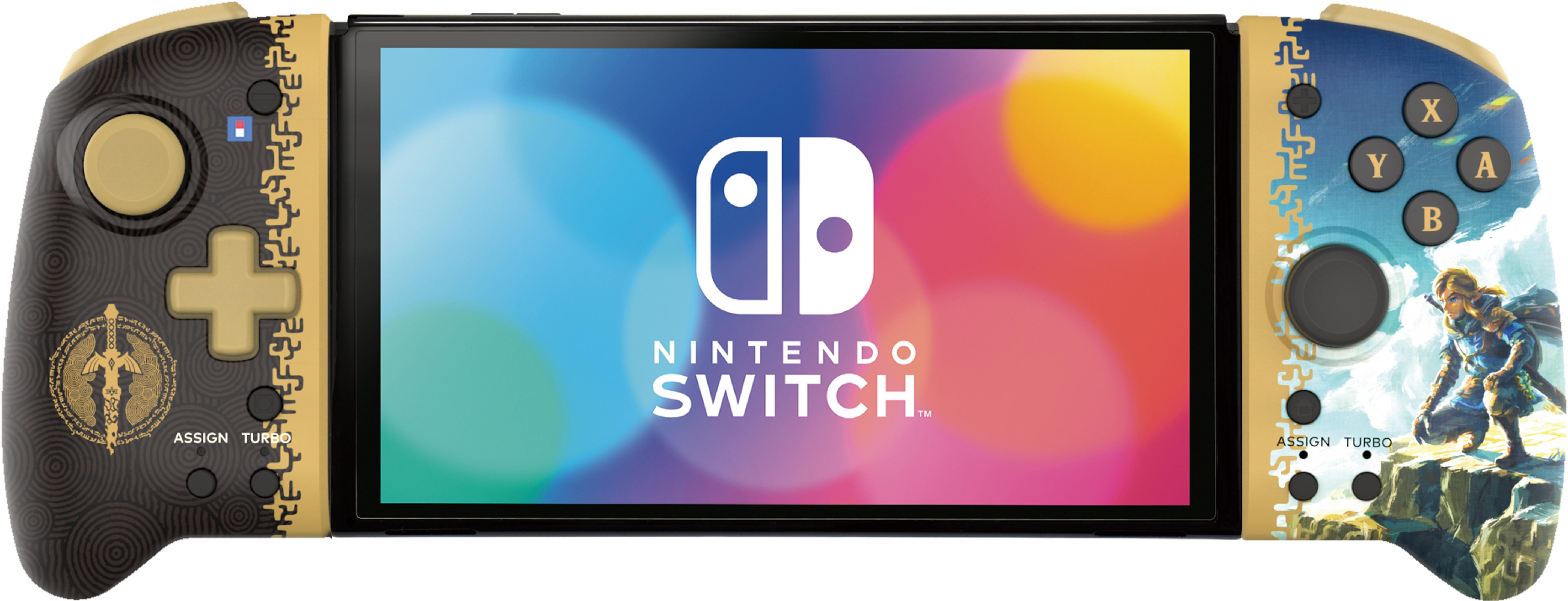 Nintendo Switch z motywem Zelda: Link na skałach, przyciski, ekran.