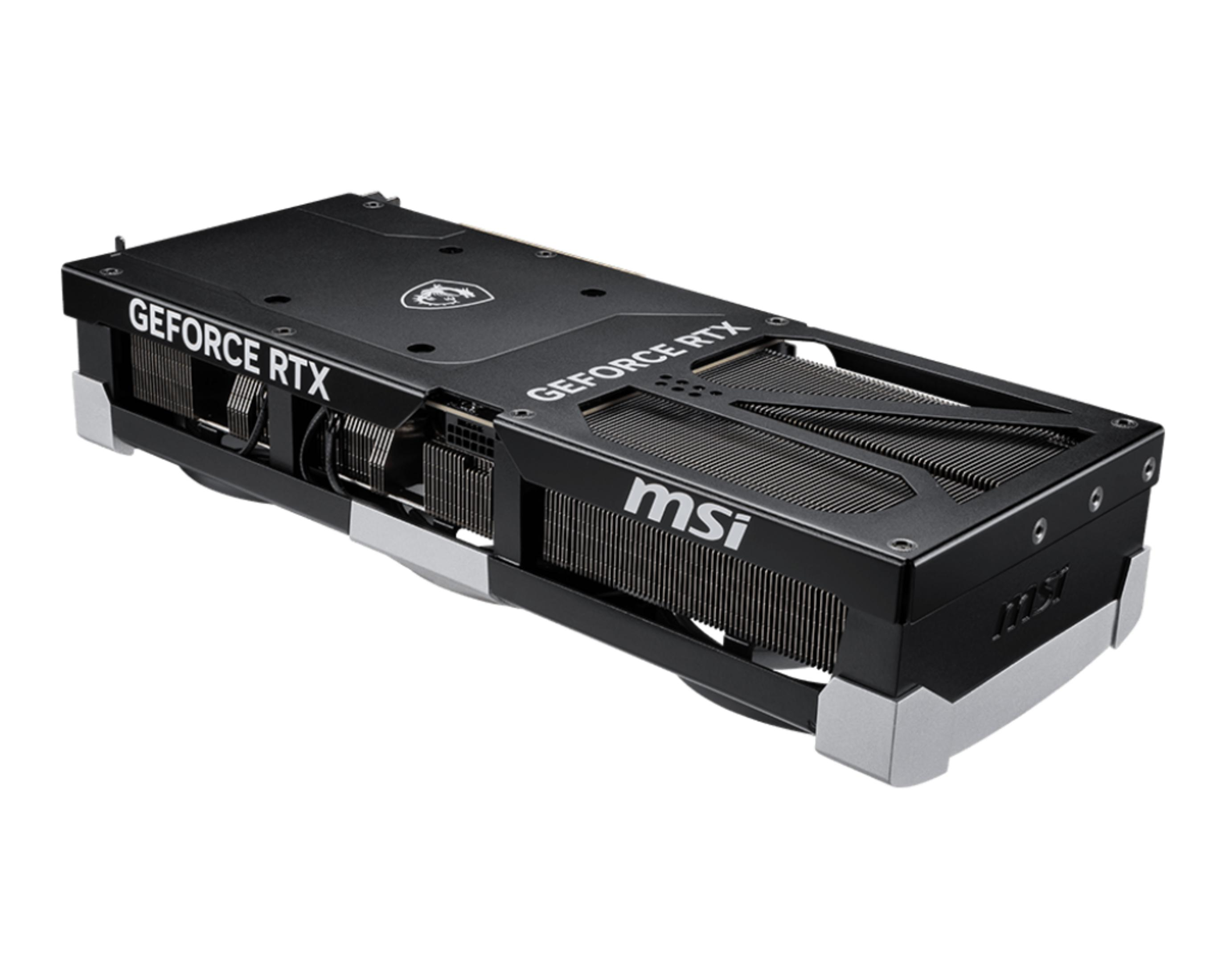 Czarna karta graficzna MSI GeForce RTX z wentylatorami i srebrnymi akcentami.